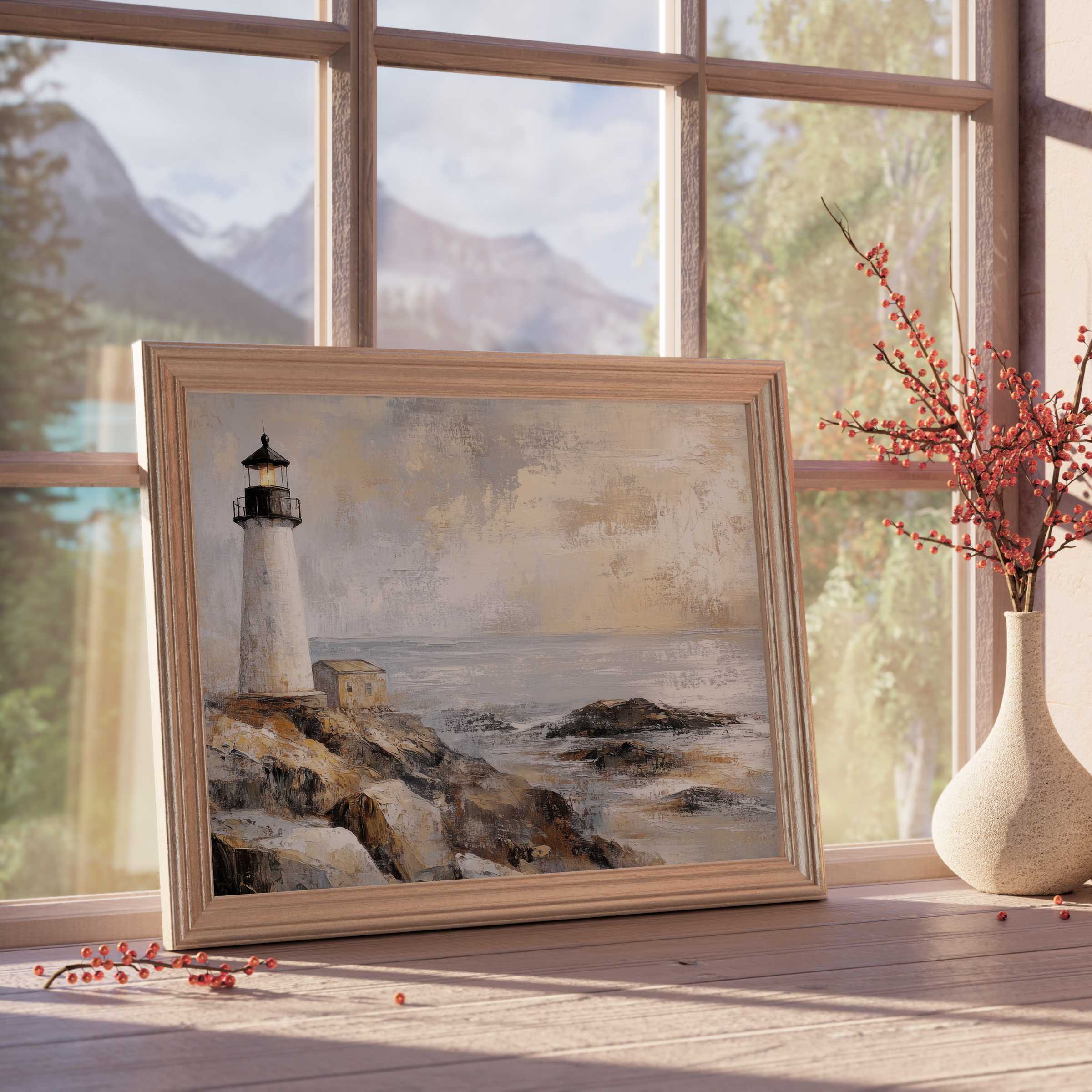 Coastal downloadable art capturing a serene lighthouse scene, enriching tranquil, refined spaces with warm, oceanic elegance