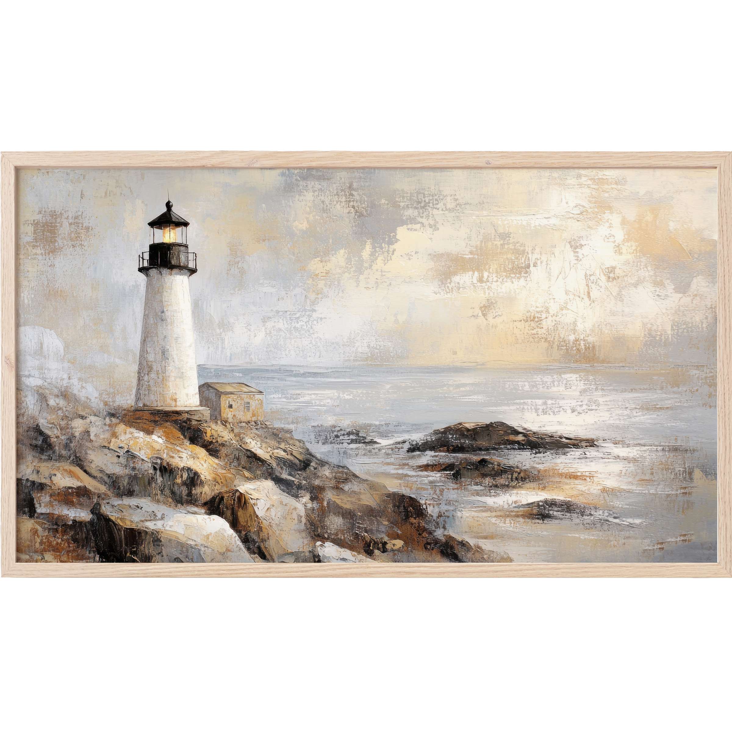 Coastal Frame TV Art featuring a serene lighthouse scene in muted grays, creams, and warm earth tones