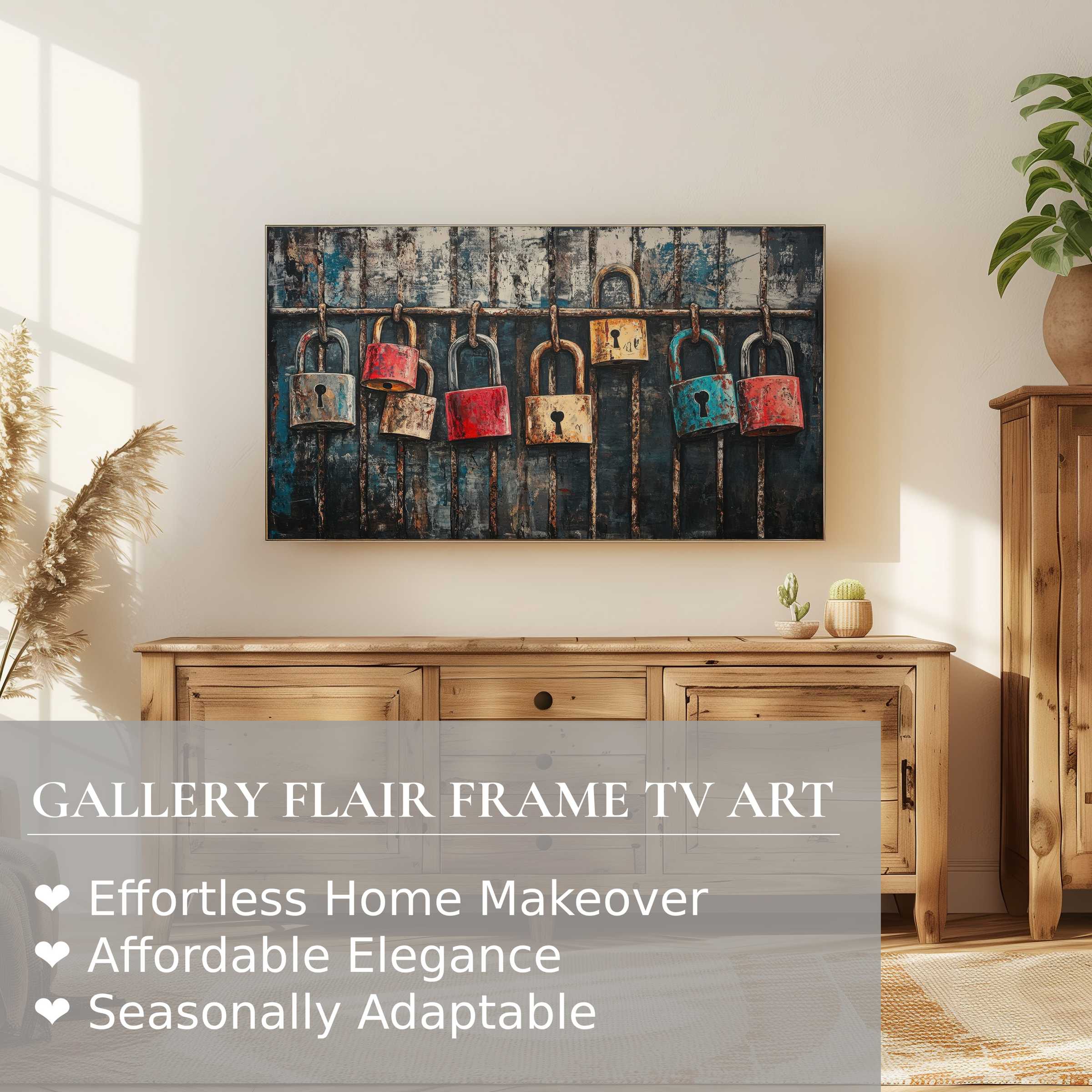 Samsung Frame TV displays rustic street art digital artwork with colorful padlocks in a refined, sunlit modern living space