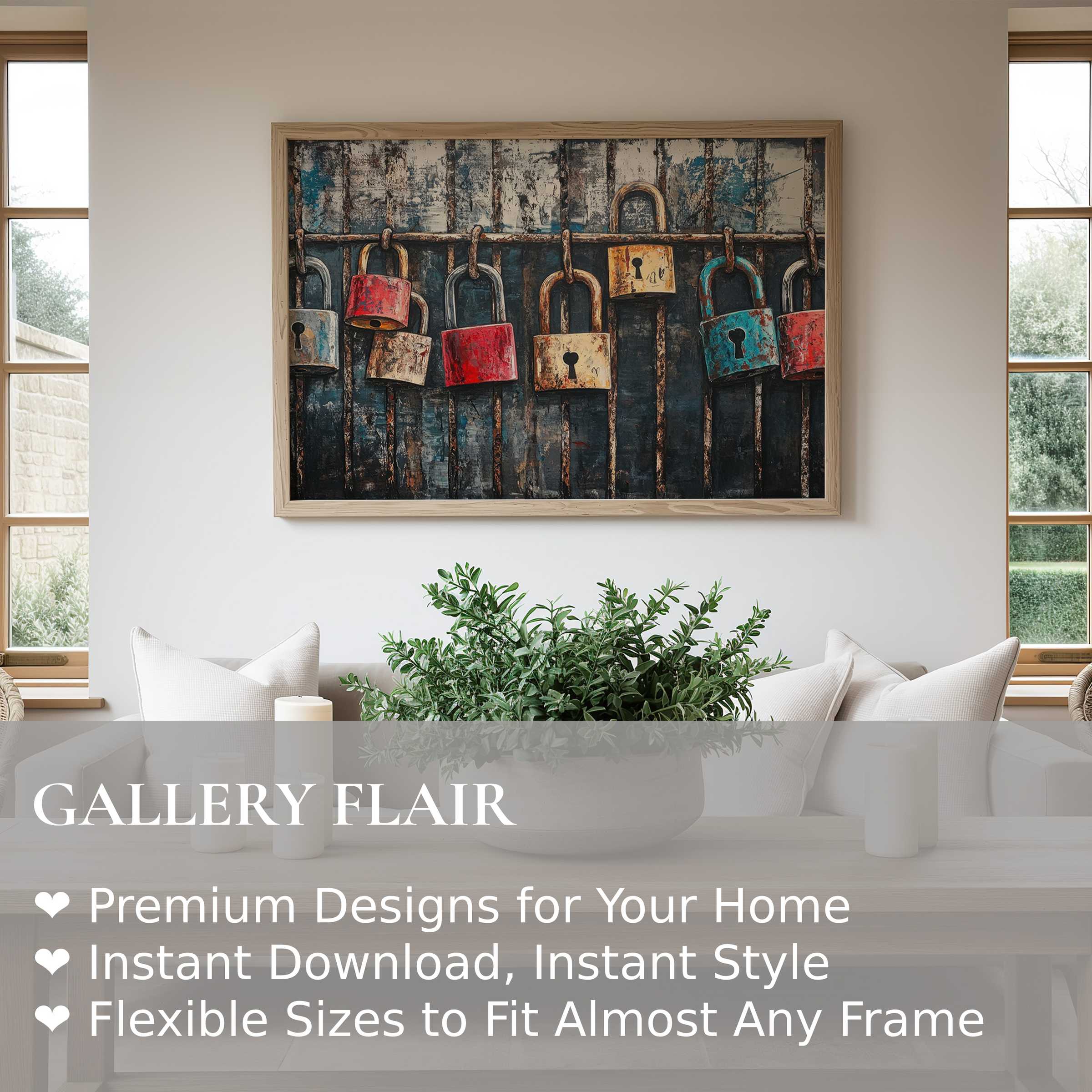 Rustic street art wall art print featuring weathered padlocks in vibrant reds and blues, enhancing modern minimalist interiors with bold, textured charm