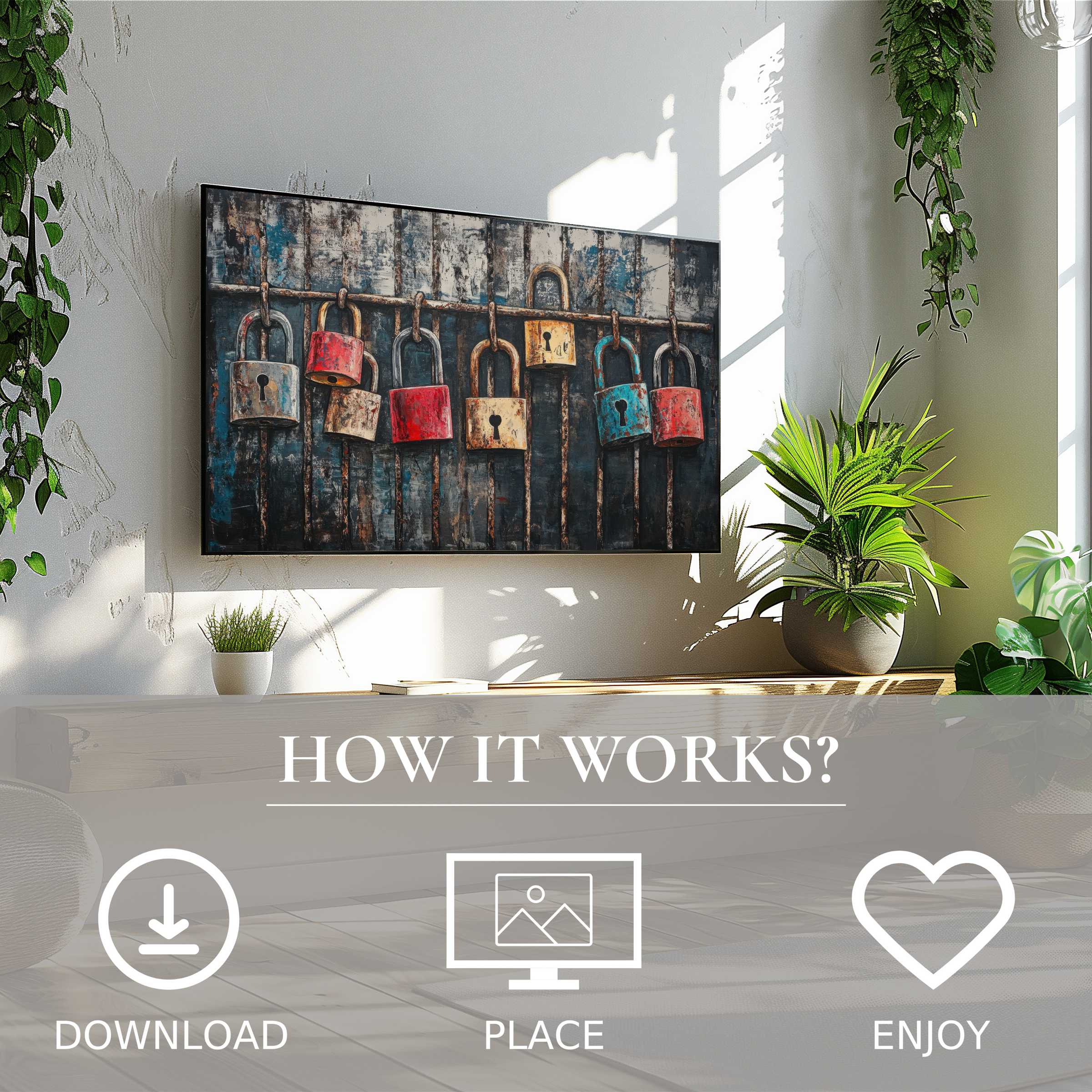 Modern living room with street art for Samsung TV showing rustic padlocks motif; easy digital download enriches your space