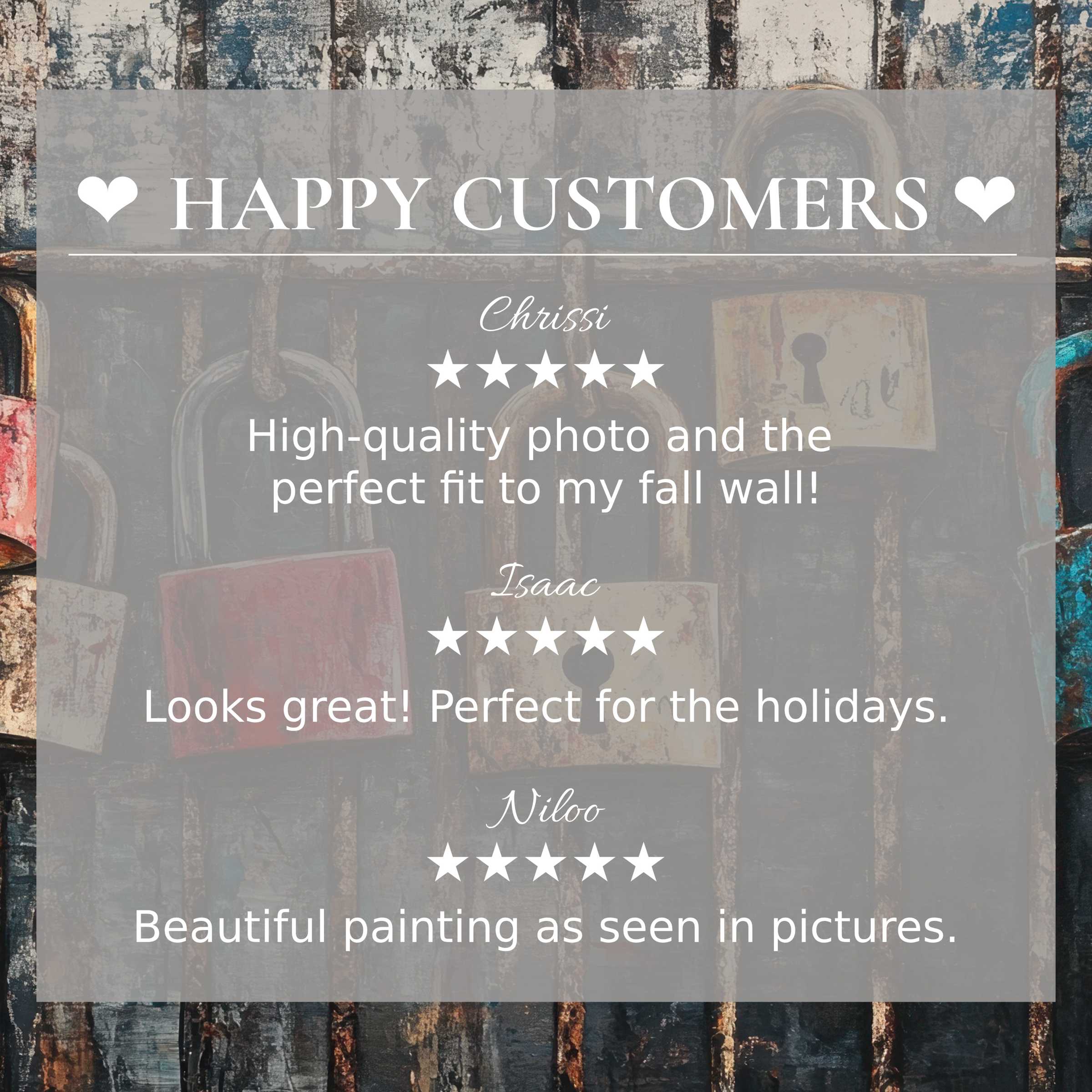 Street art for Frame TV with rustic locks background, showcasing elegant design and happy customer reviews for trusted quality
