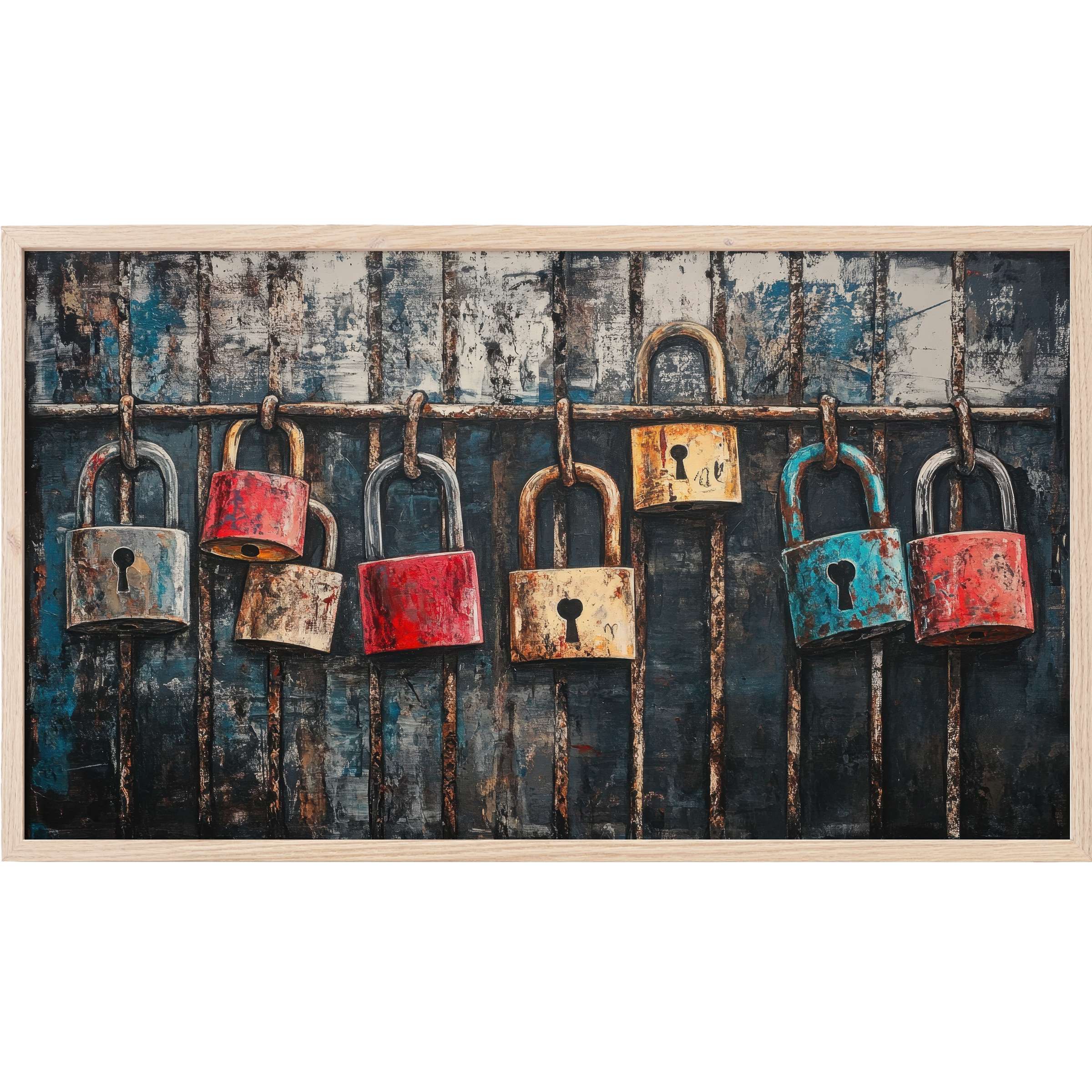 Rustic padlocks in vibrant reds, blues, and warm tones against a textured urban backdrop, street art Frame TV Art