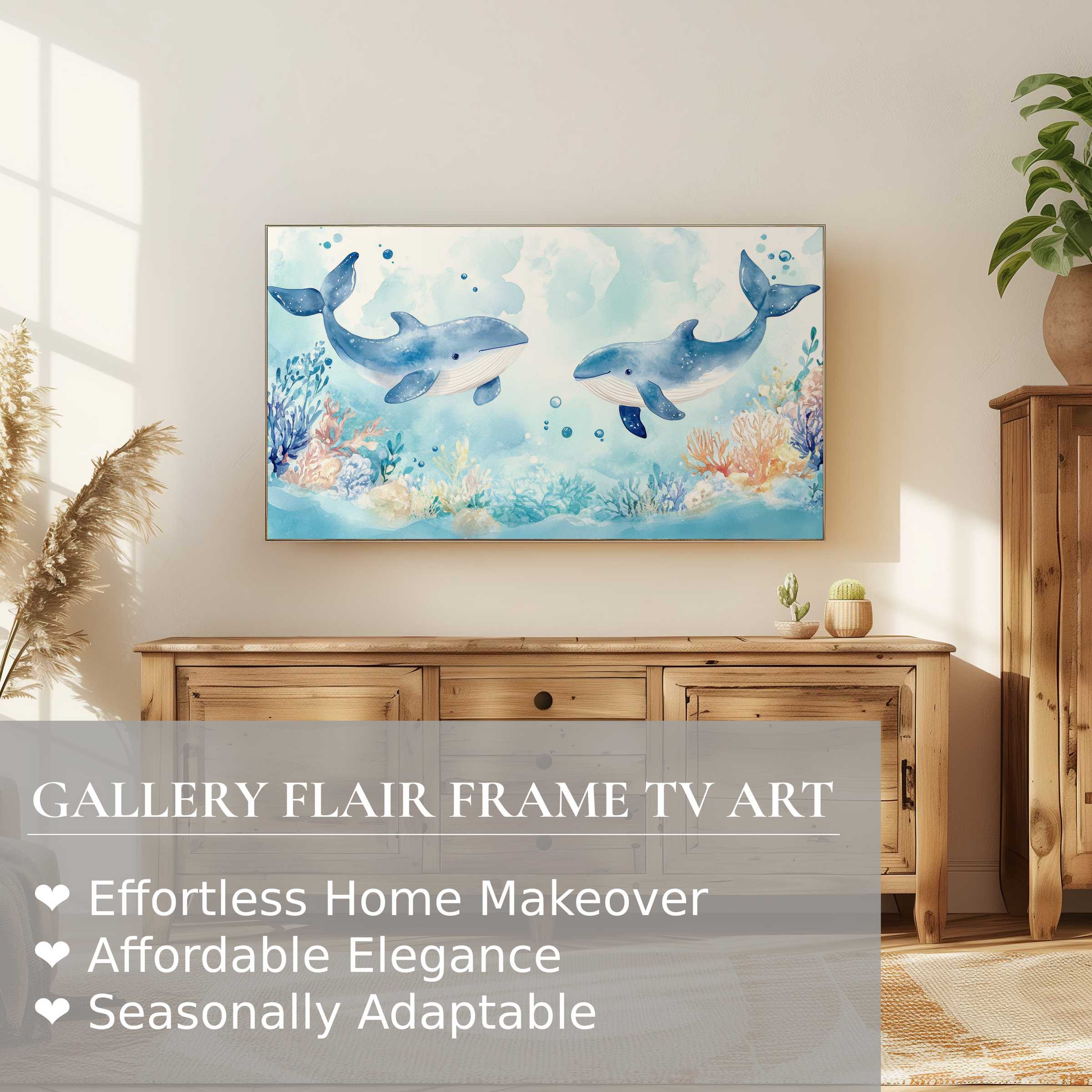 Modern nursery digital artwork of playful whales on Samsung Frame TV in serene, elegant natural wood setting for refined decor