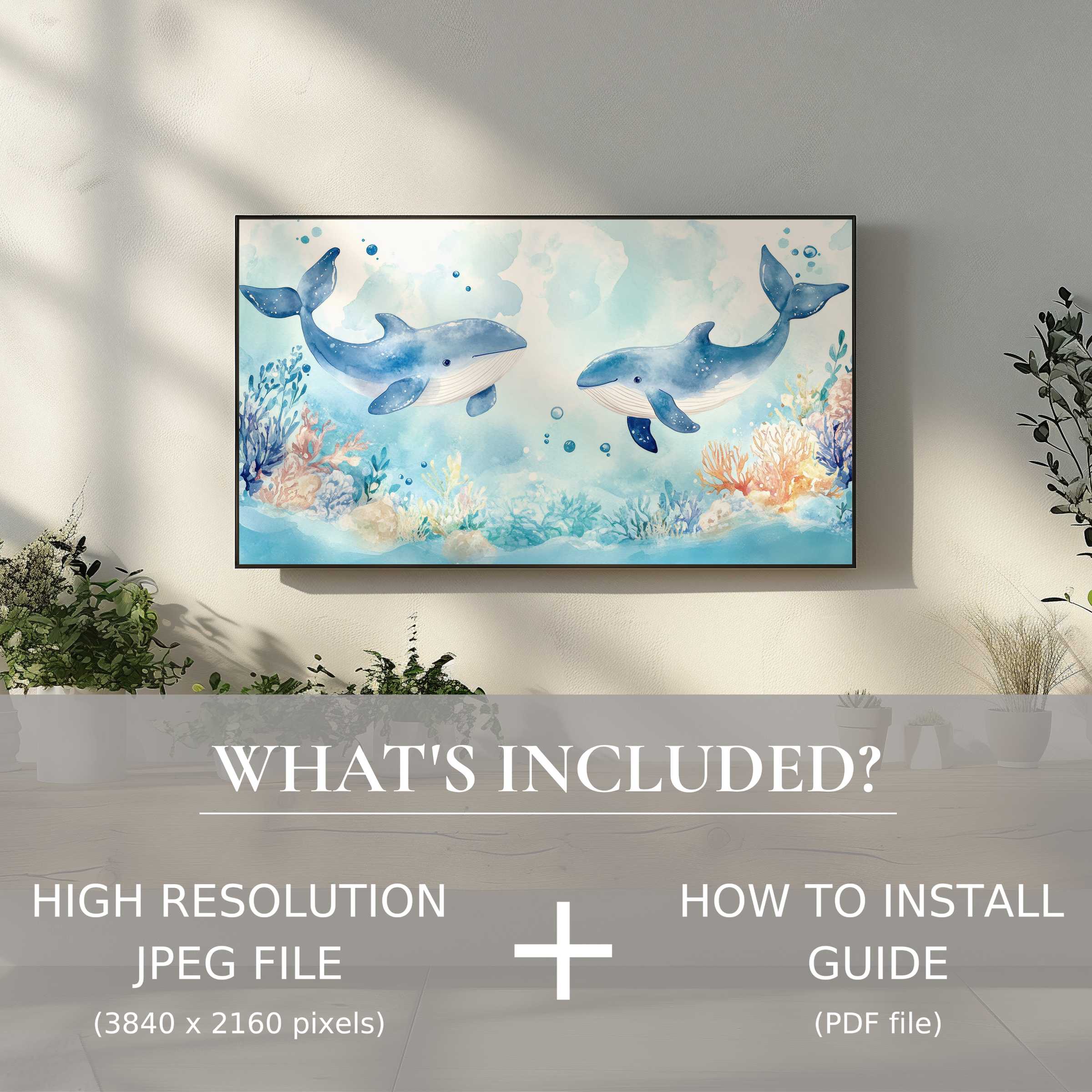 Elegant nursery digital TV art download featuring serene whales, enhancing spaces with easy digital use and modern charm