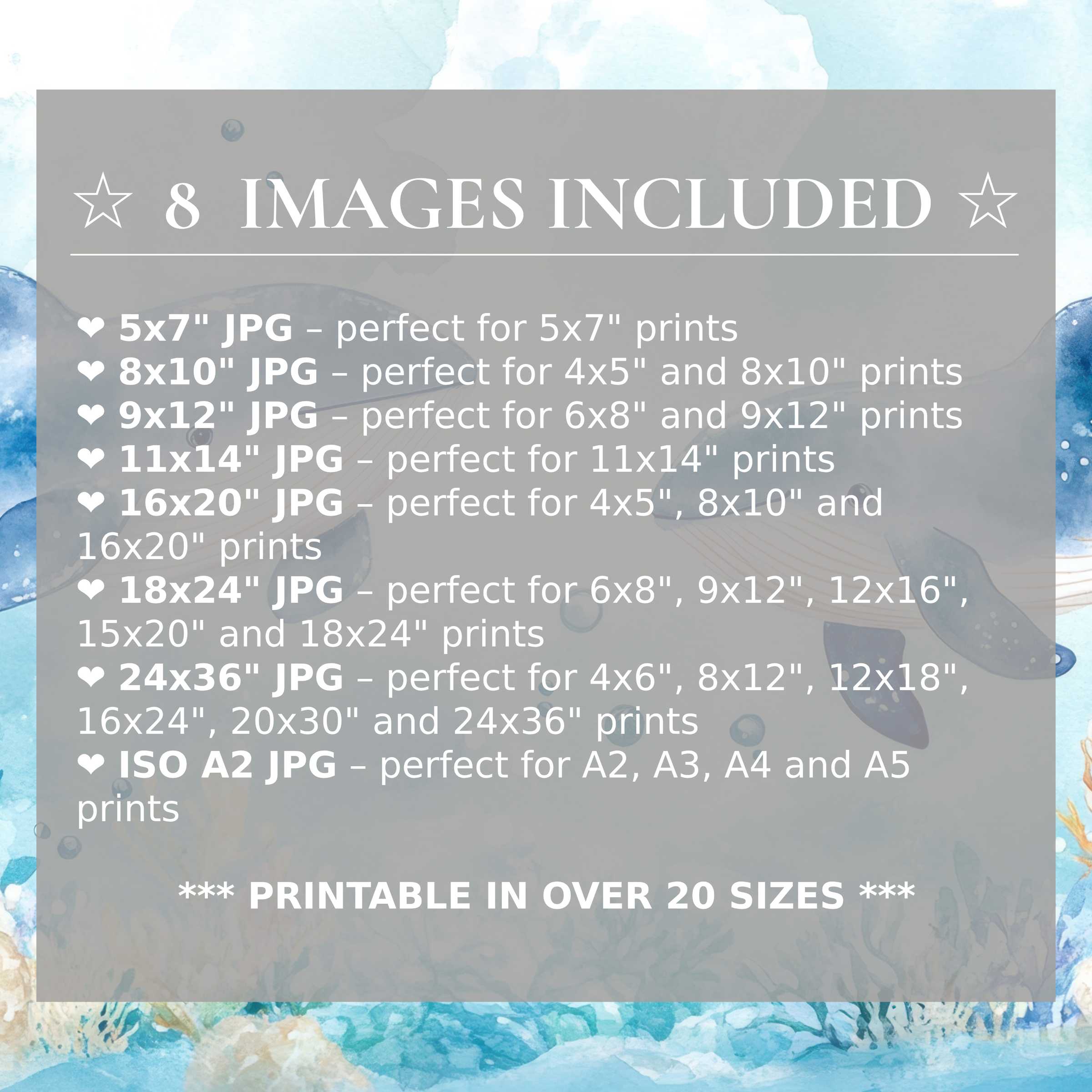 Nursery digital print with radiant ocean blues and soft coral hues, elevating modern spaces with 8 high-quality sizes included