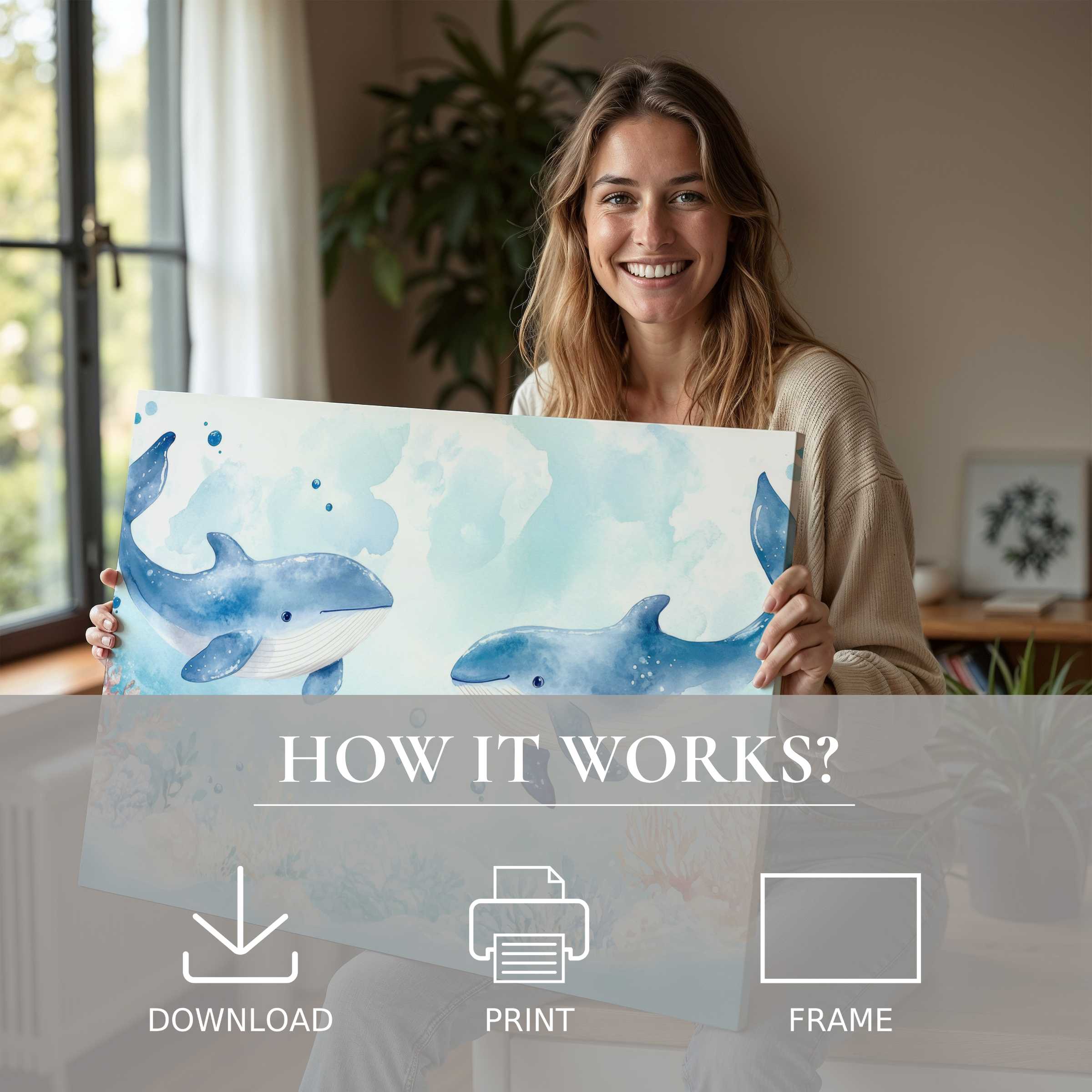 Joyful moment in modern home with serene nursery digital art print of blue whales, embodying ease and living with beauty