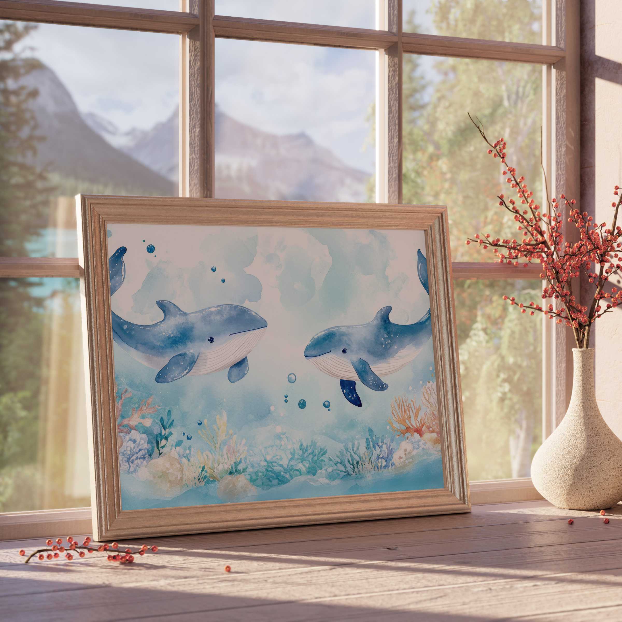 Nursery downloadable art featuring serene blue whales amidst soft coral hues, elevating tranquil, design-forward children’s spaces