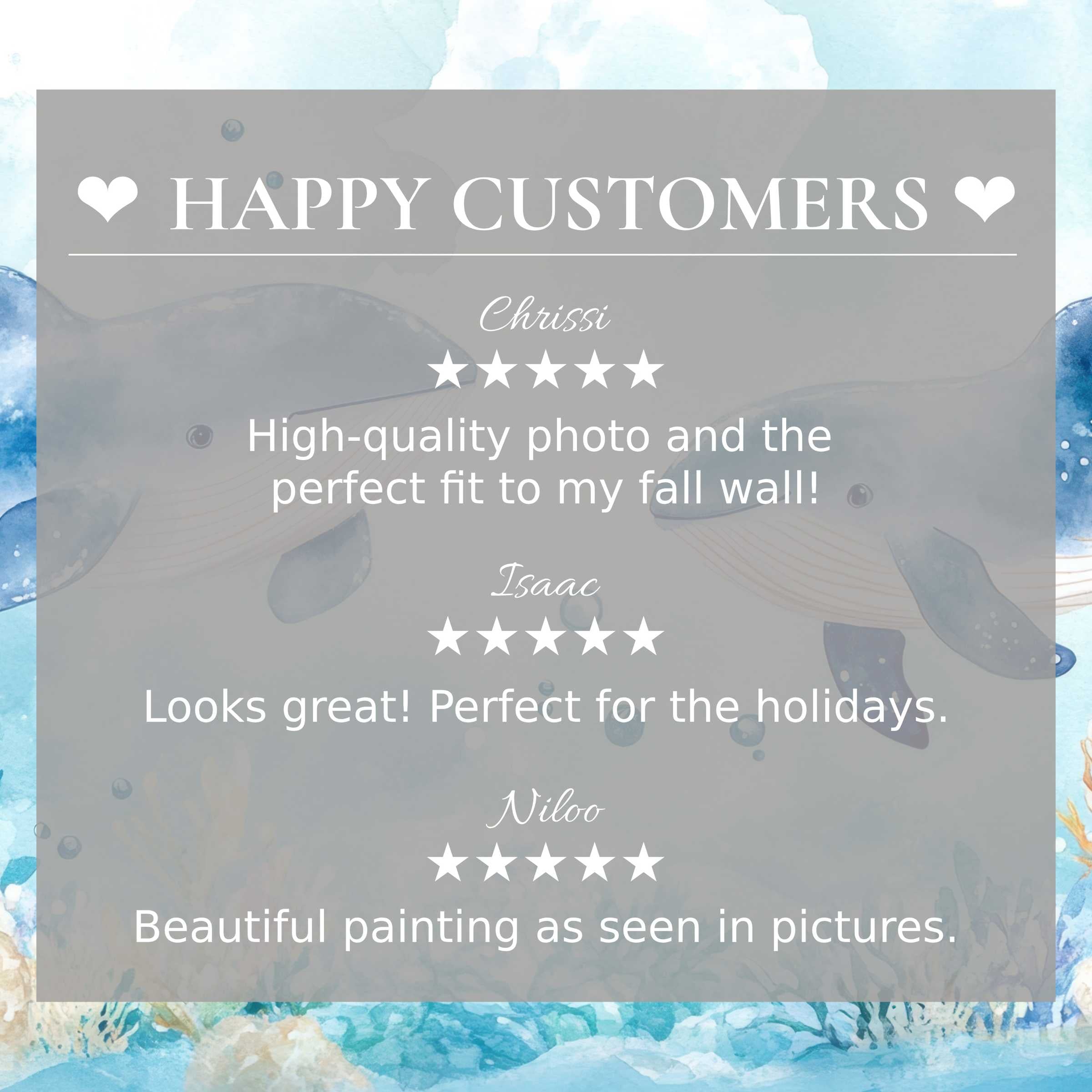 Nursery art for Frame TV with serene aquatic background, showcasing happy customer reviews and elegant design trust