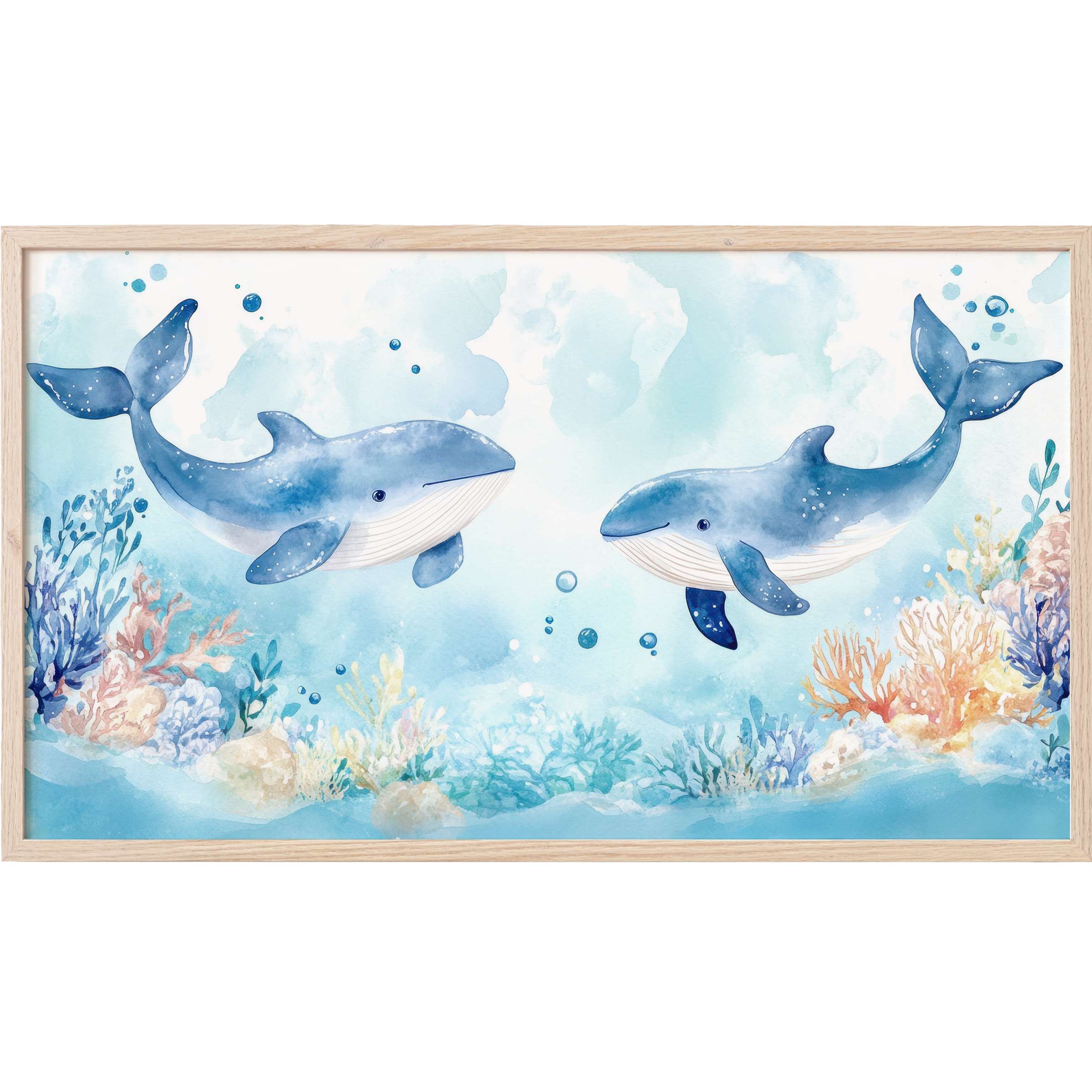 Watercolor whales swim above vibrant coral reefs in soft blues and pastels, nursery Frame TV Art for modern spaces
