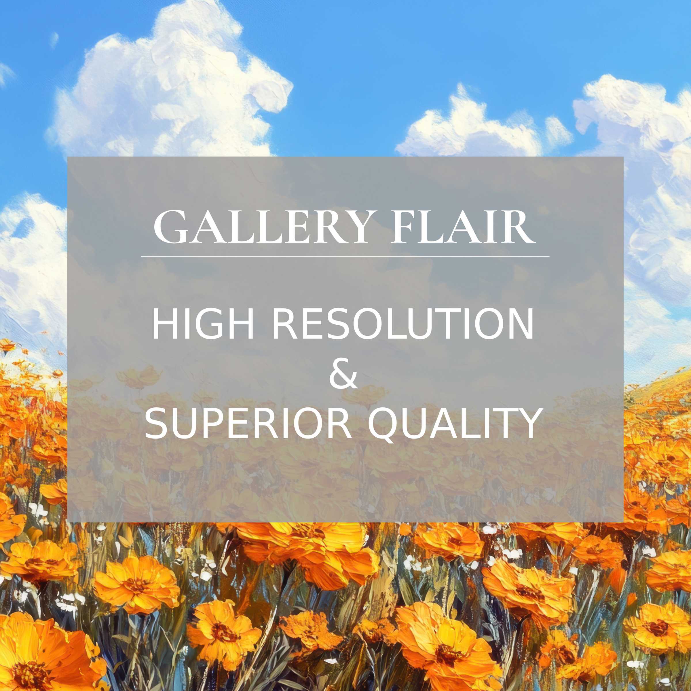 Radiant floral printable art capturing vibrant orange blossoms under soft blue skies, enhancing any modern space with refined detail