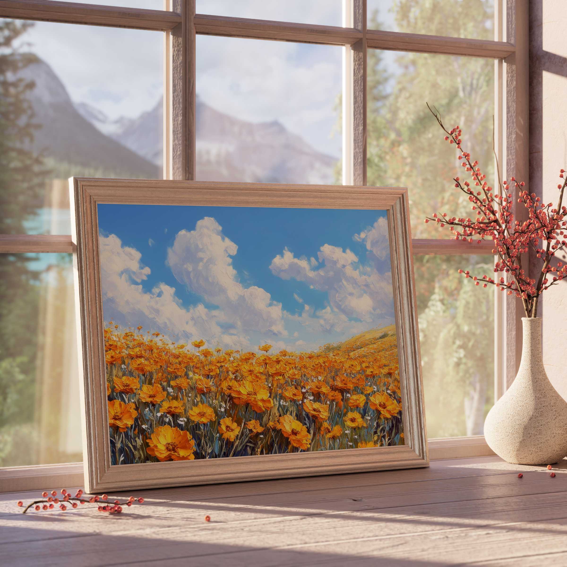 Floral downloadable art featuring vibrant orange wildflowers beneath a serene blue sky, elevating tranquil, design-forward interiors