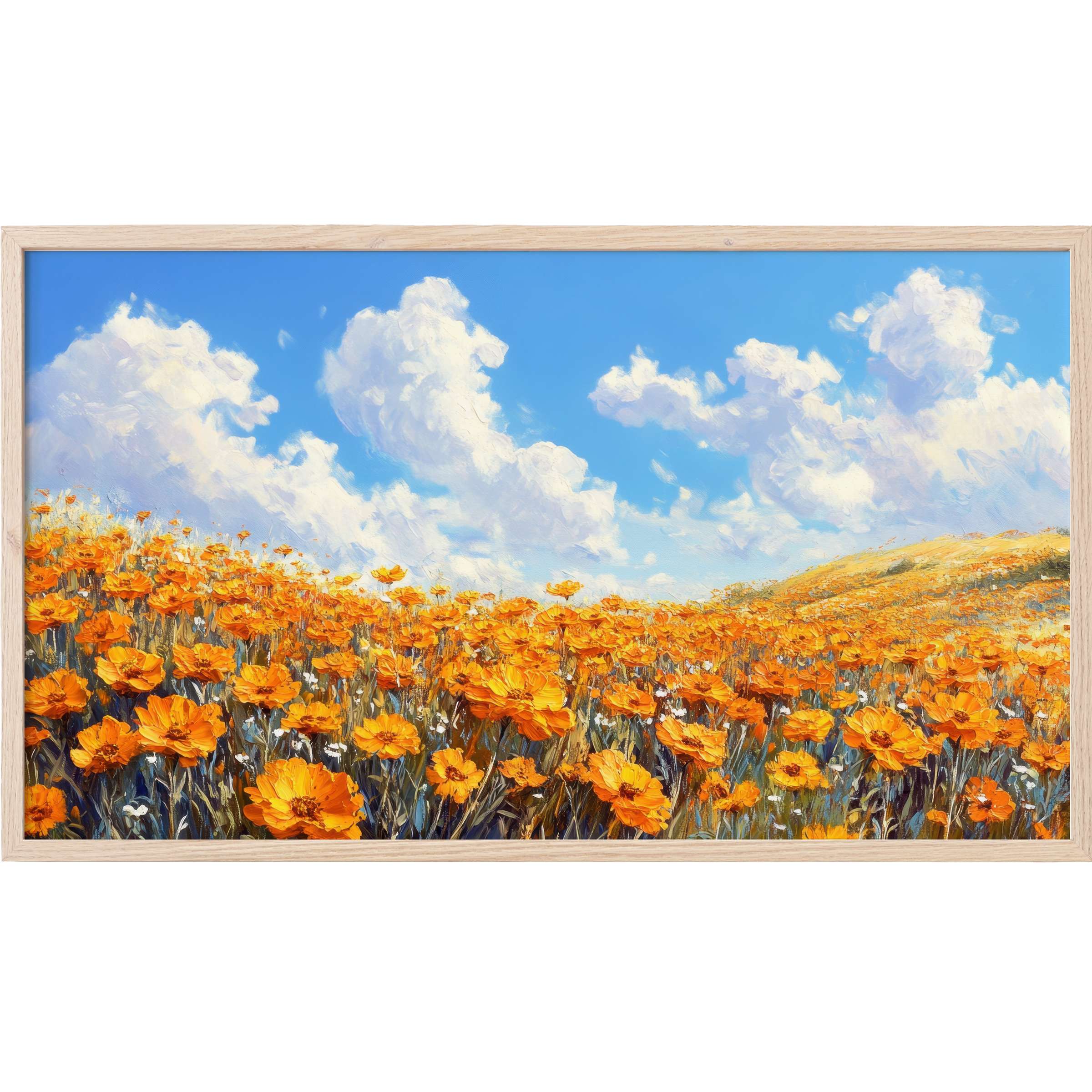Floral Frame TV Art showcasing a vibrant orange flower field beneath a bright blue sky with soft white clouds