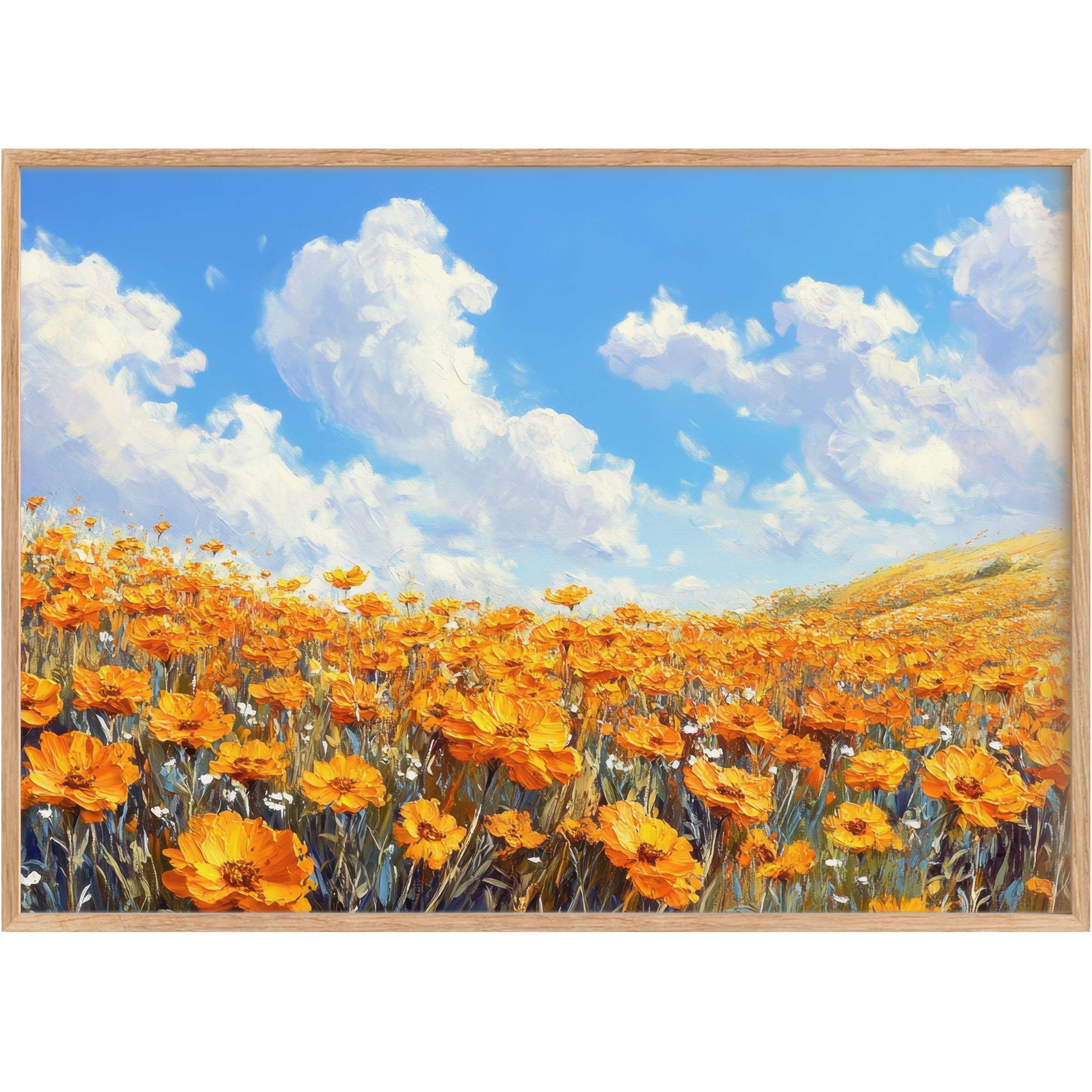 Radiant floral printable wall art featuring vibrant orange blossoms beneath a serene blue sky, evoking warmth and uplifting elegance