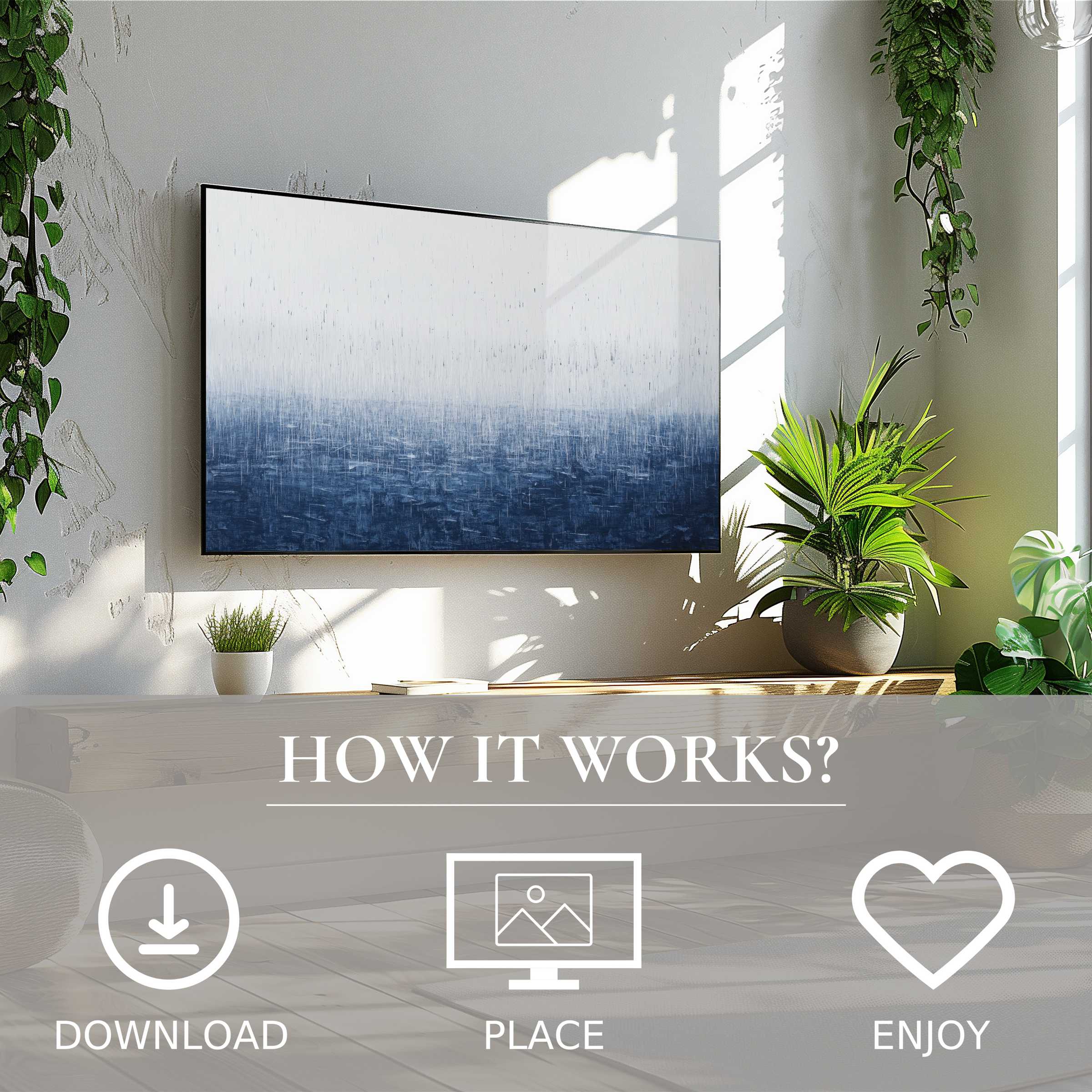 Minimalist art for Samsung TV featuring soft blue gradient motif, simple digital download, enriching modern living spaces