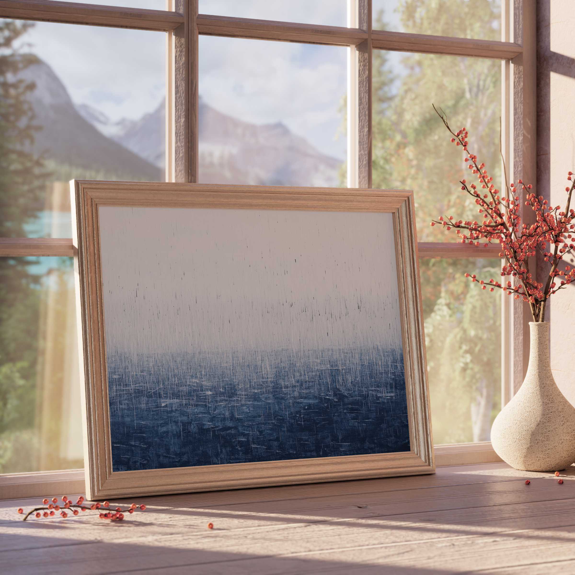 Minimalist downloadable art featuring serene blue ombre waves, enhancing tranquil, curated spaces with subtle coastal elegance