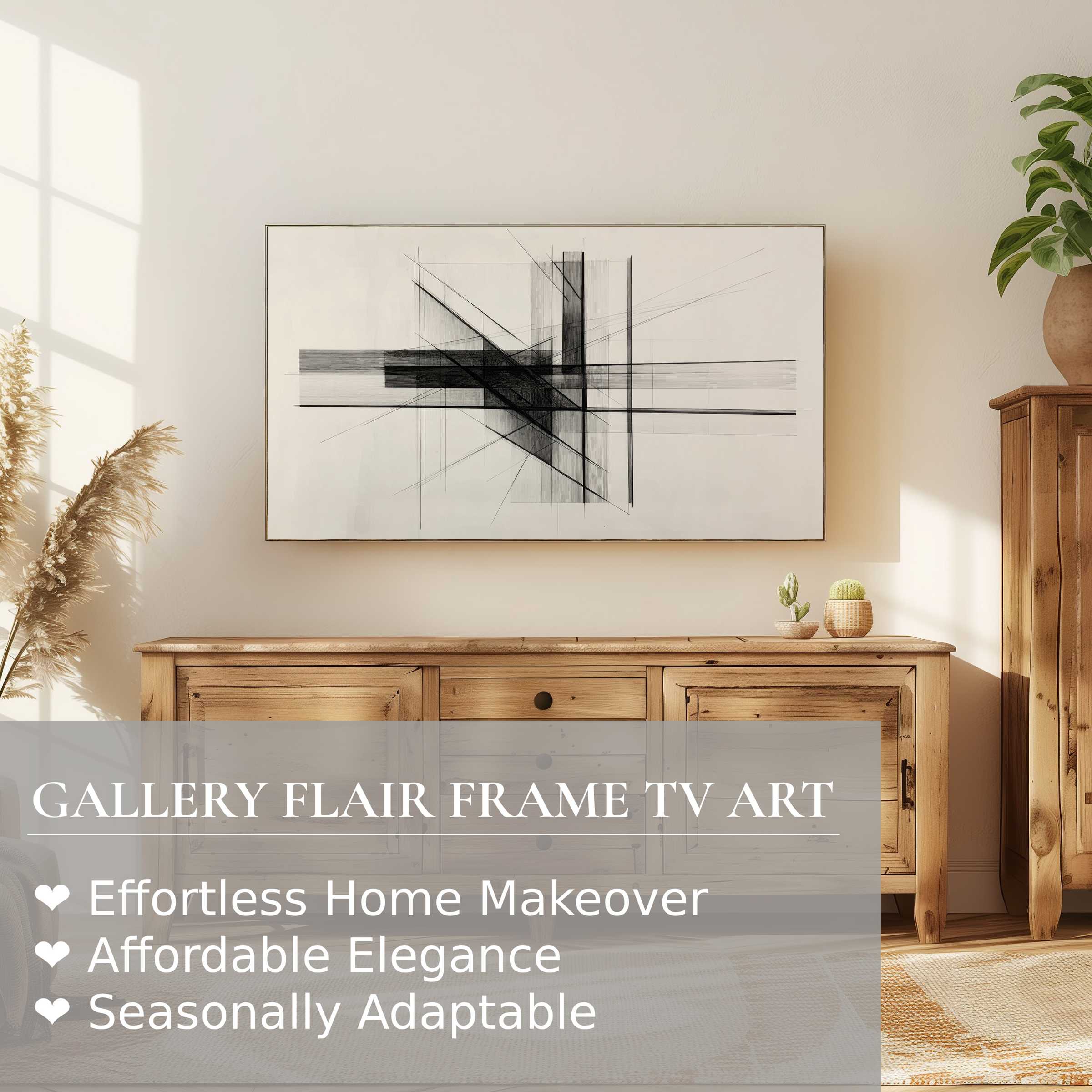 Samsung Frame TV displays modern digital artwork with abstract lines in a serene, stylish living room setting