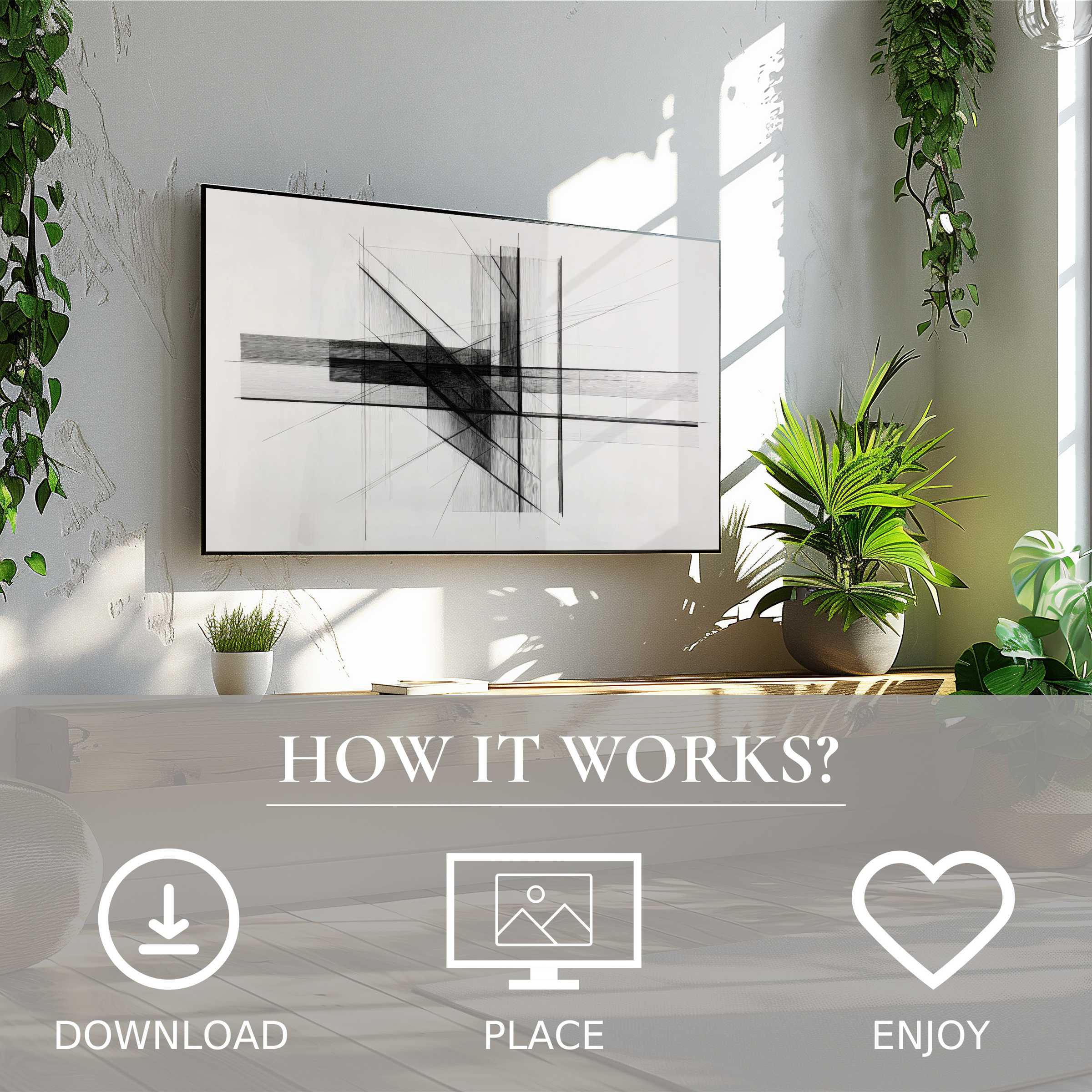 Modern art for Samsung TV shows sleek black lines motif; easy digital download enriches bright, green-accented space