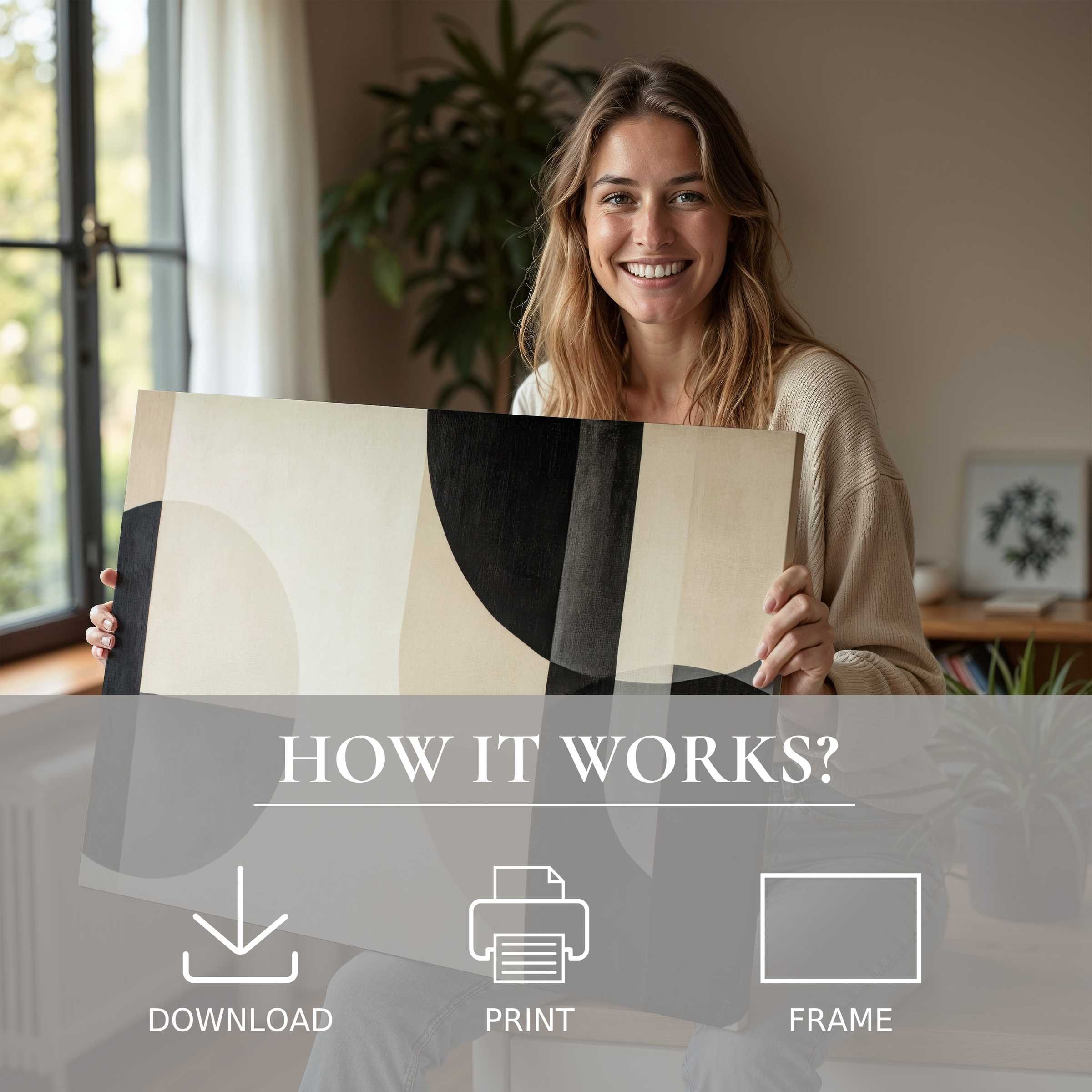 A serene moment of joyful connection with a neutral digital art print, enhancing modern living with effortless elegance