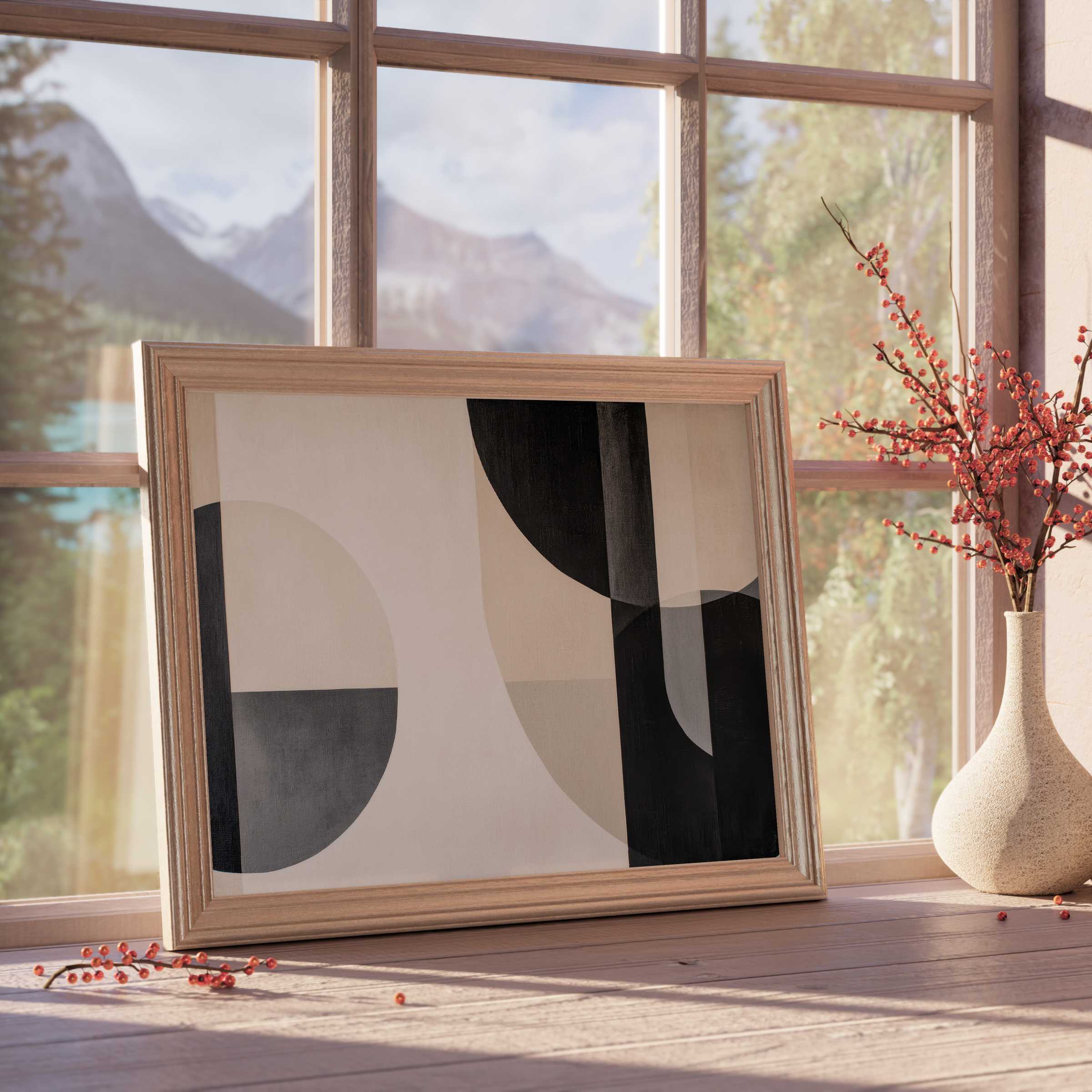 Neutral downloadable art with minimalist geometric forms in warm beige and charcoal tones, perfect for curated, tranquil interiors