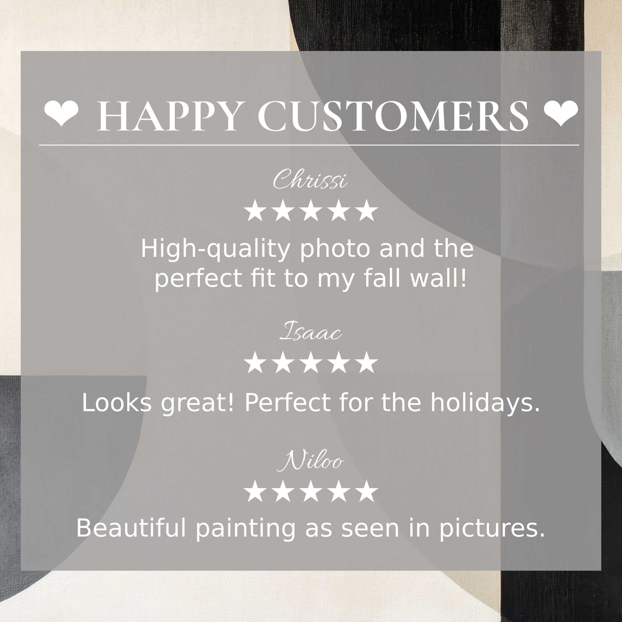 Neutral art for Frame TV with abstract muted tones, highlighting happy customer reviews for an elegant, trusted aesthetic