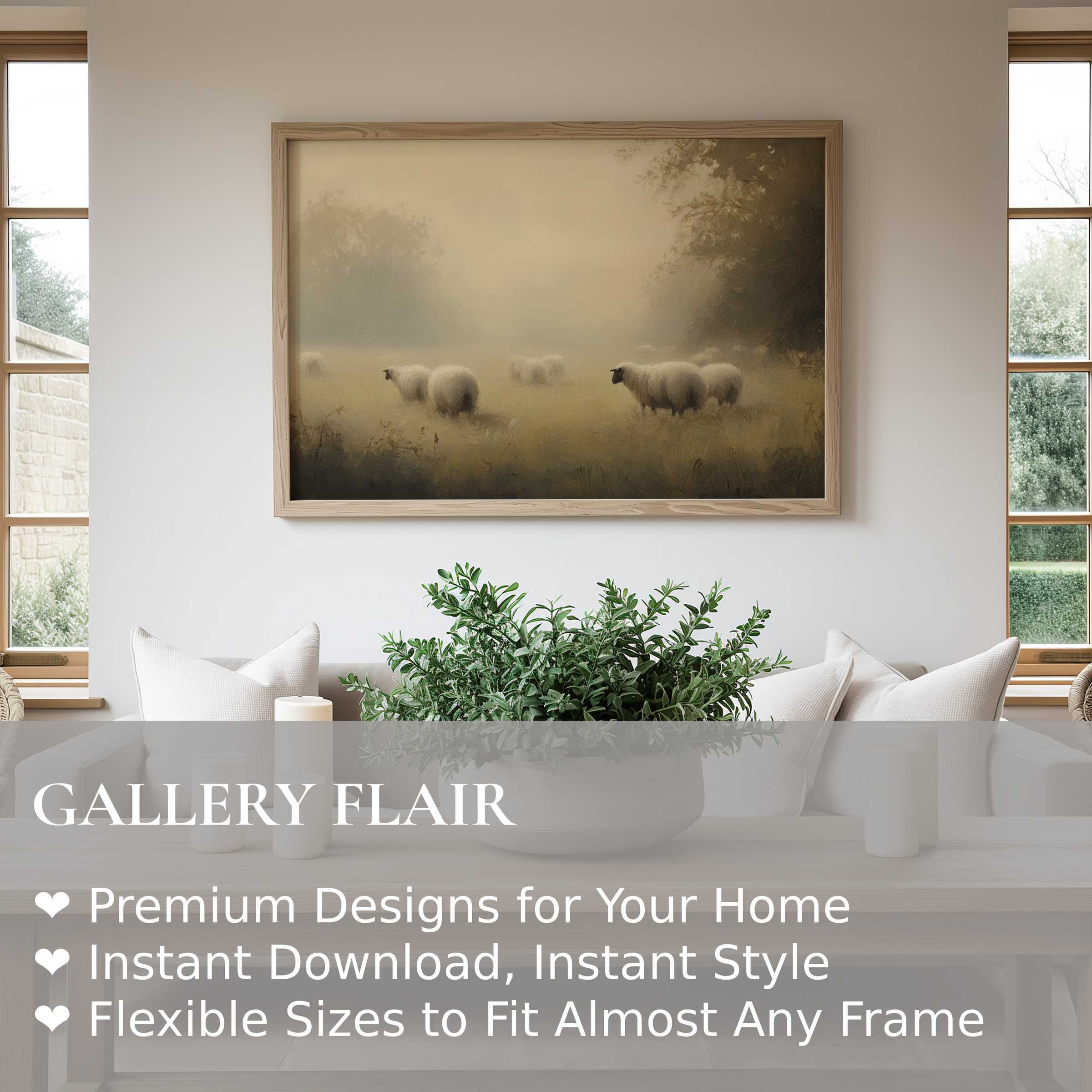 Farmhouse wall art print featuring serene sheep in a misty pasture, adding soft, calming charm to modern rustic interiors