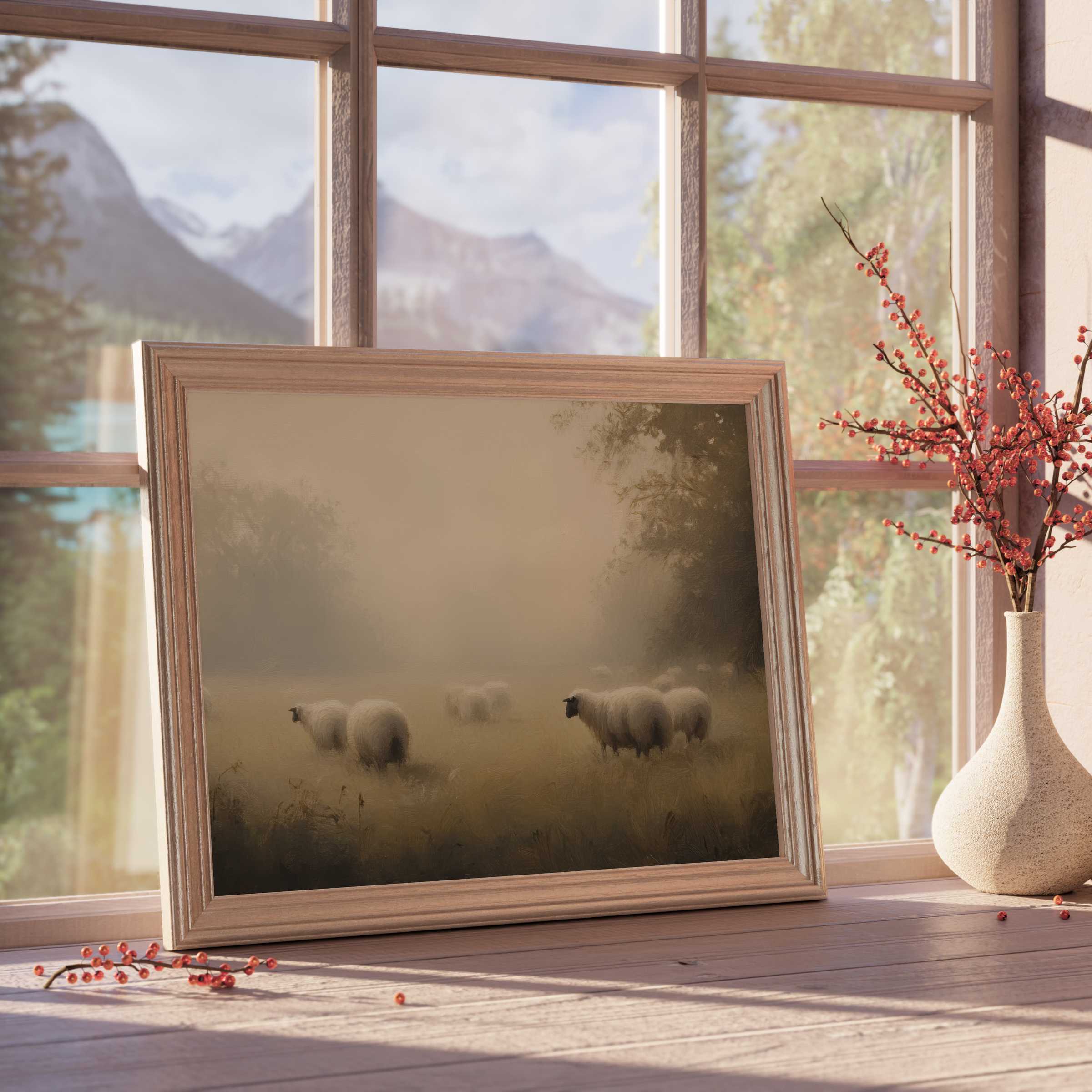 Serene farmhouse downloadable art capturing misty morning sheep in soft light, perfect for curated, tranquil, and elegant interiors