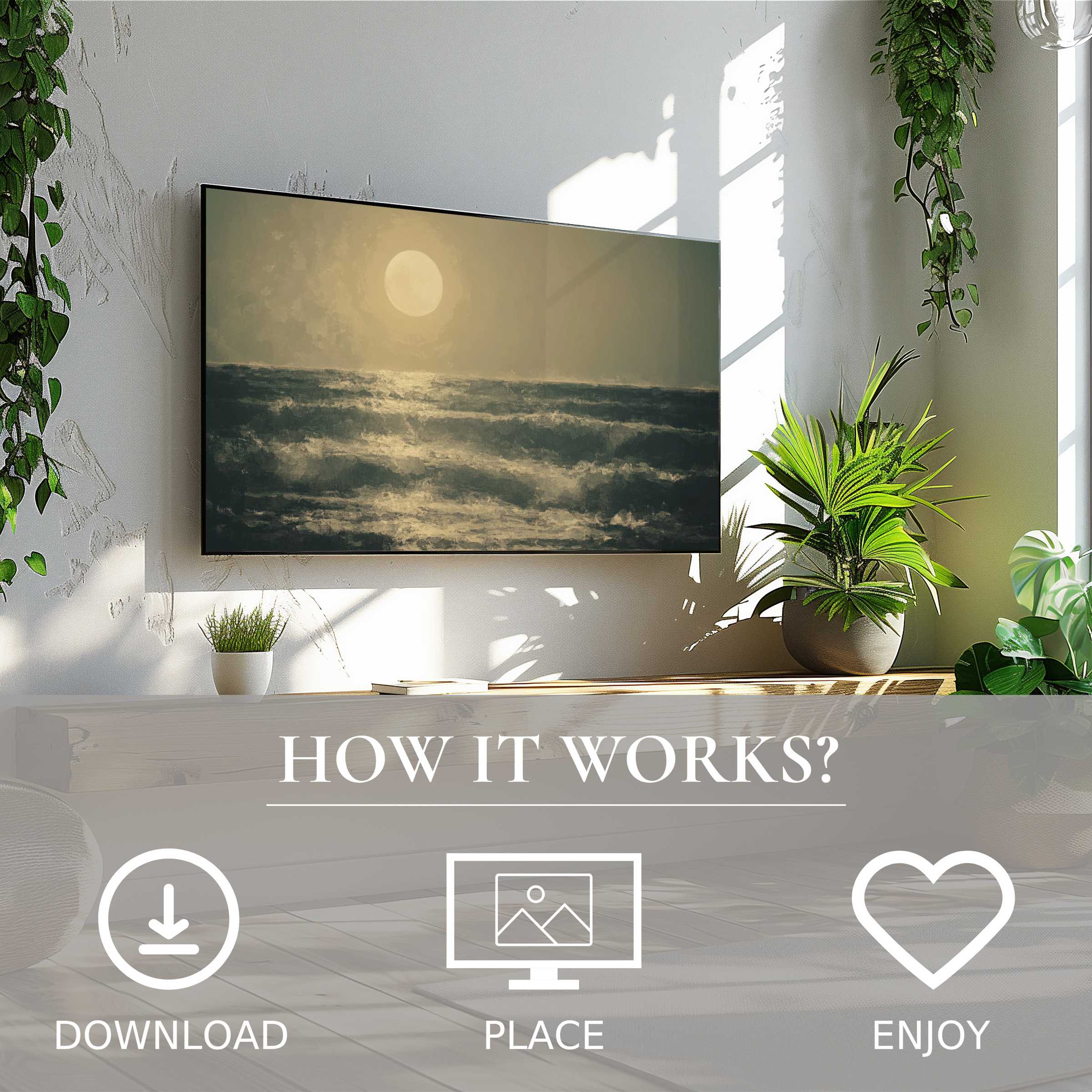 Vintage art for Samsung TV in soft sunset tones, easy digital download enriches any modern living space