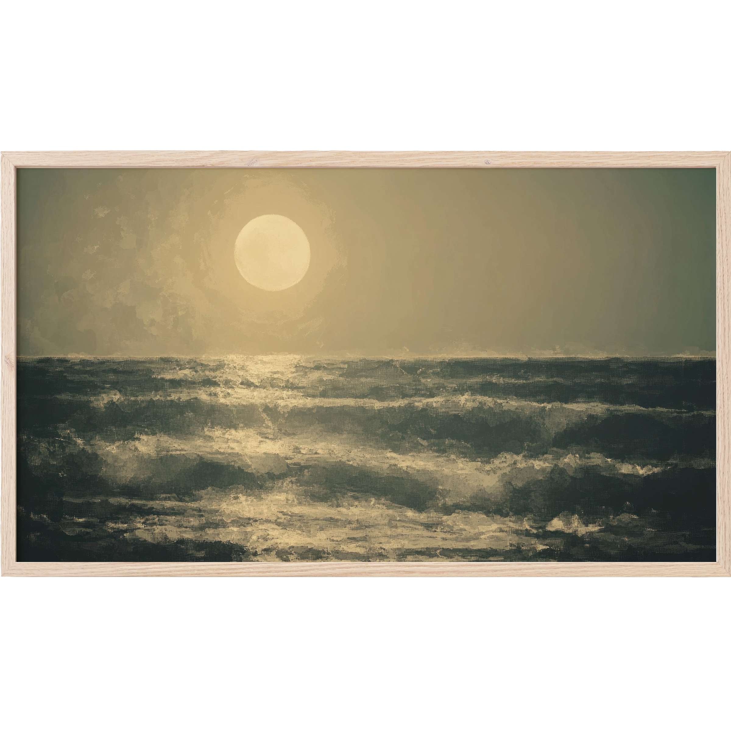 Serene moonlit ocean waves in muted blues and golds, framed with subtle texture - vintage Frame TV Art