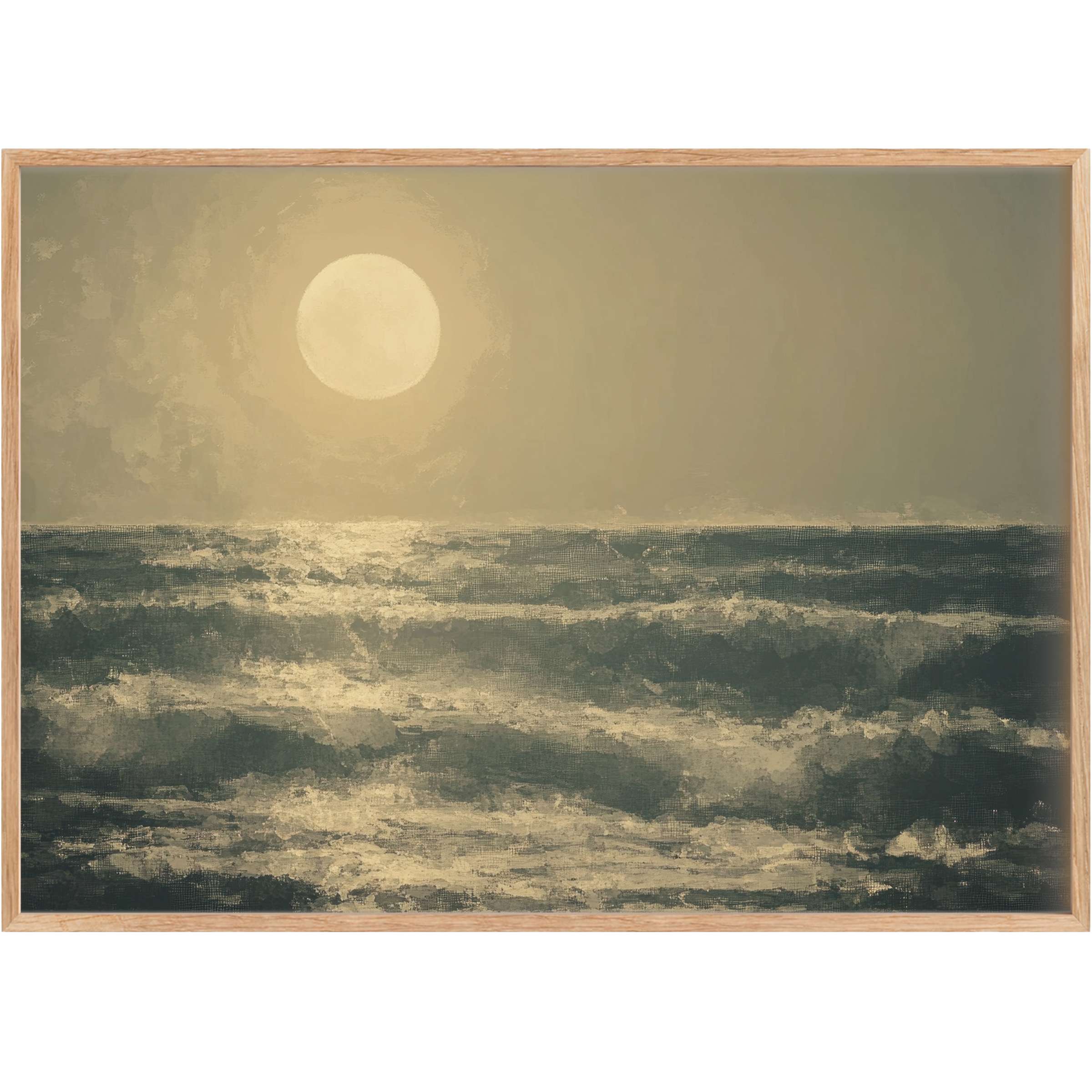 Vintage printable wall art capturing a serene moonlit ocean, with soft grays and golden hues evoking calm and timeless elegance