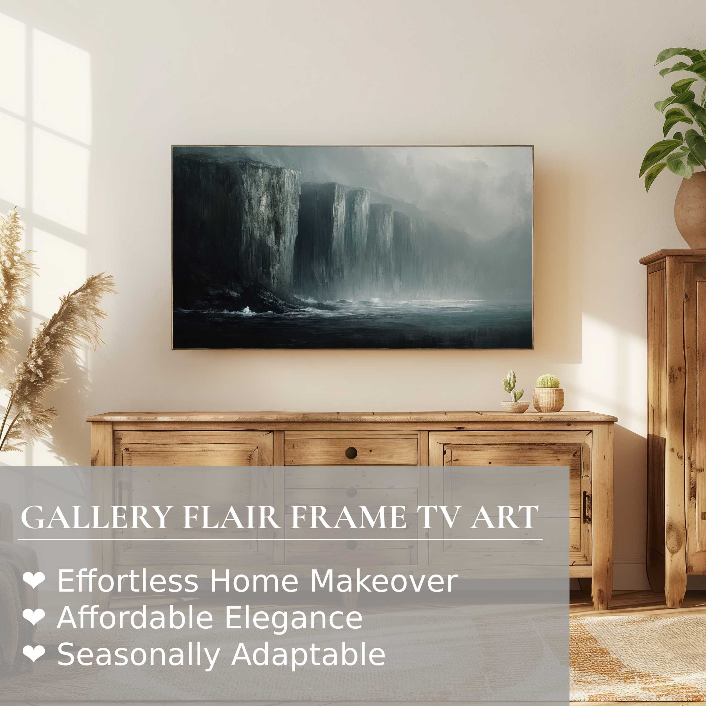 Samsung Frame TV displays moody, atmospheric landscape digital artwork in a serene, elegant modern living room setting