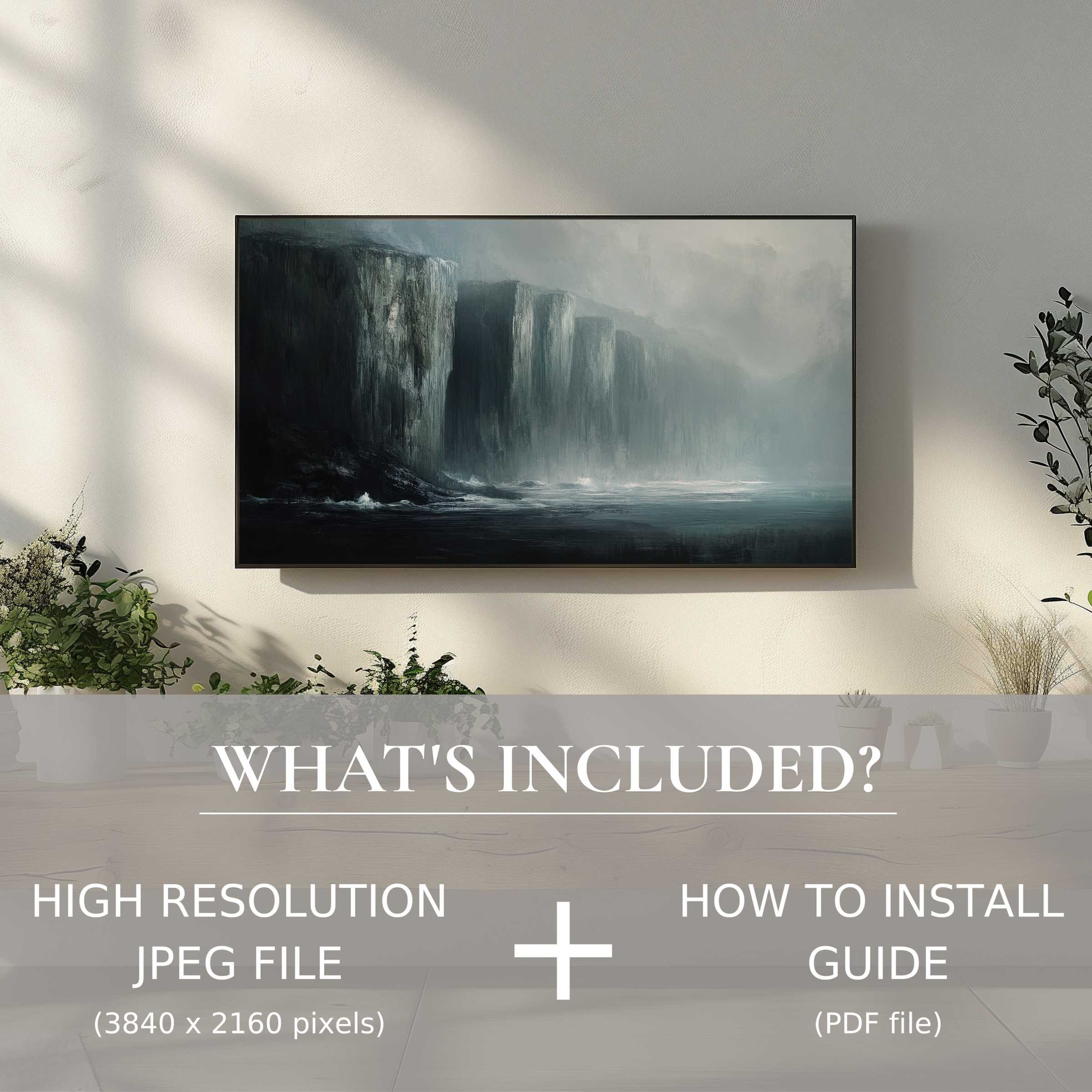 Elegant landscape digital TV art download enhances modern spaces with easy digital use and serene coastal cliffs