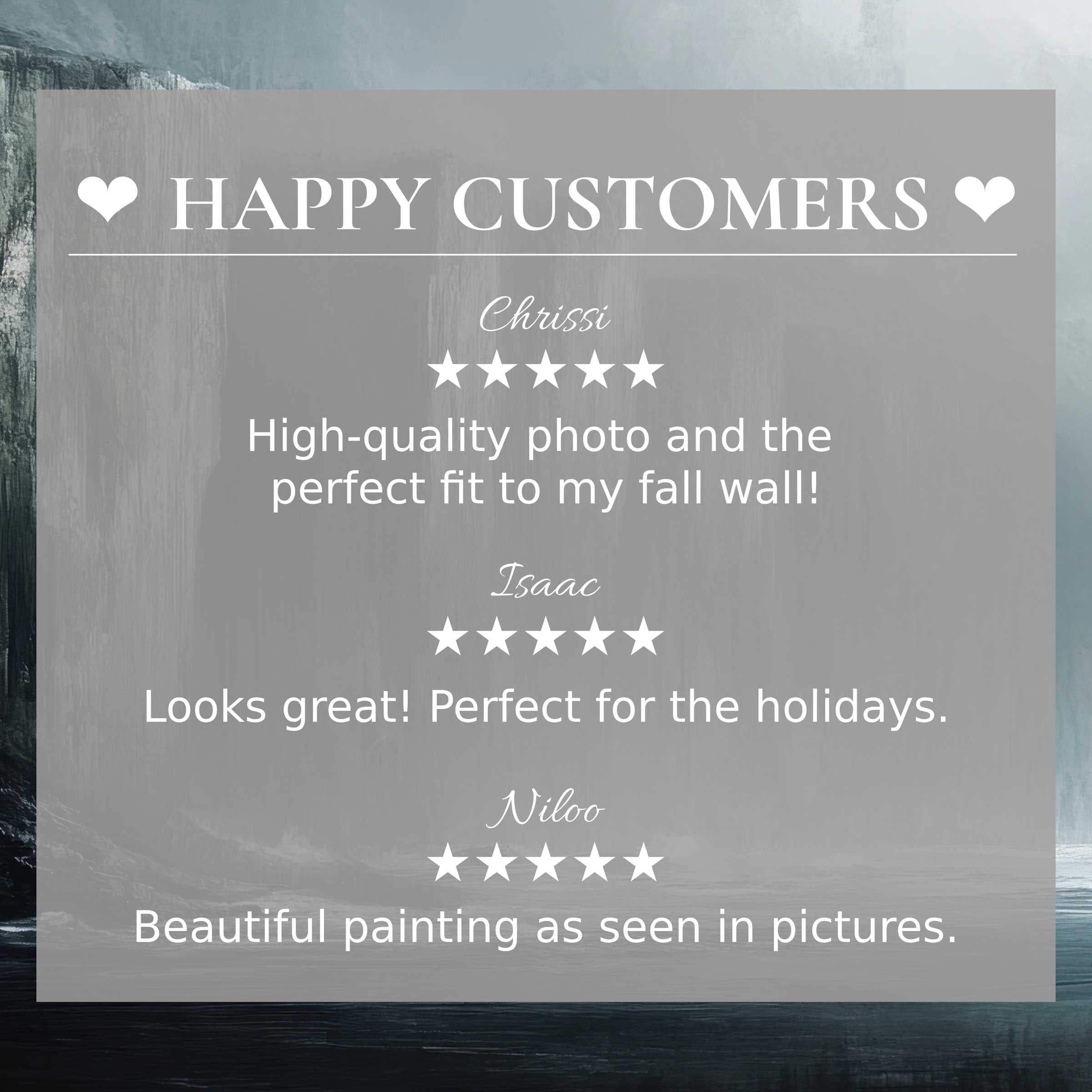 Elegant landscape art for Frame TV with moody blue-gray tones; layout inspires trust through happy customer reviews