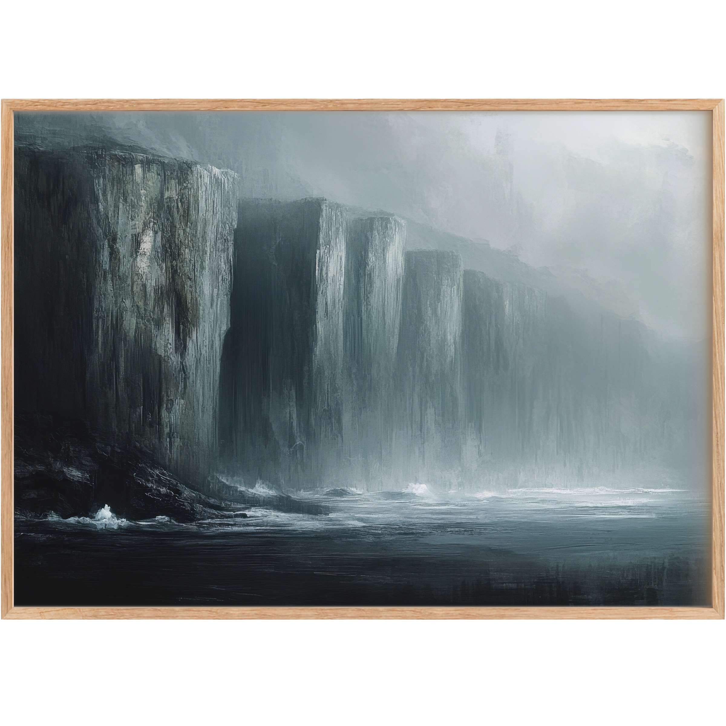 Moody landscape printable wall art capturing towering cliffs in misty blues and grays, evoking serene, contemplative calm