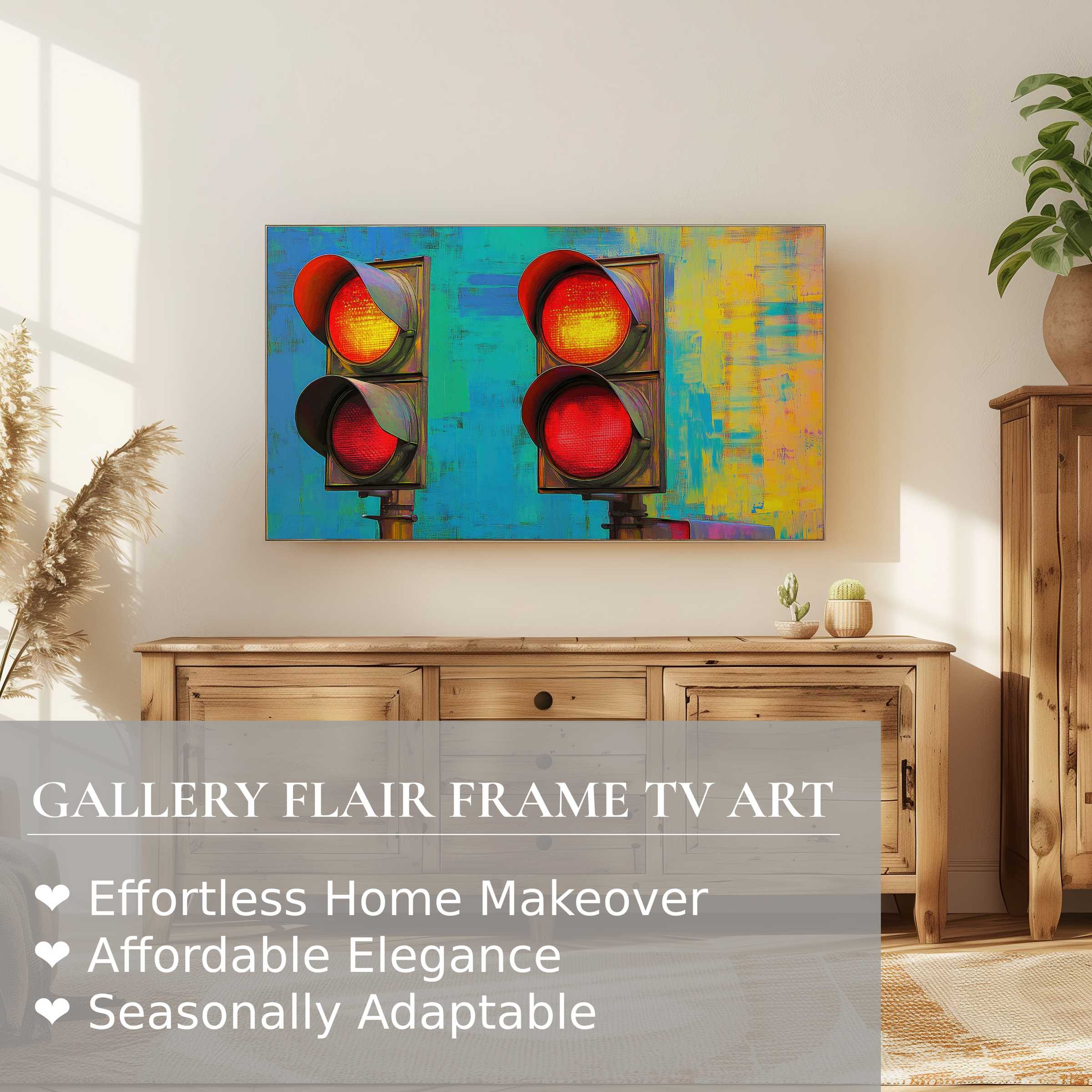 Samsung Frame TV displays vivid pop art digital artwork of traffic lights in a serene, modern living room setting