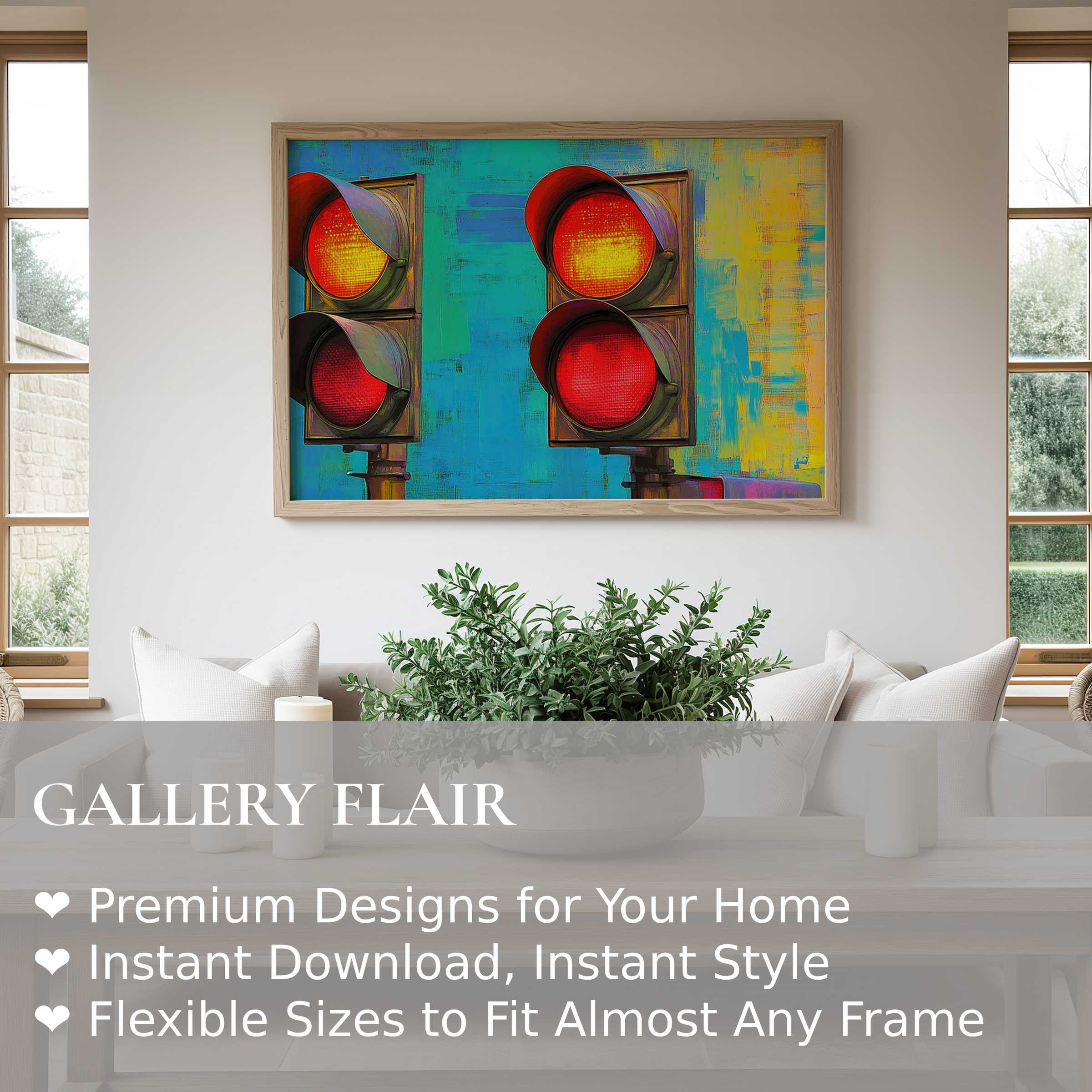 Bold pop art wall art print featuring vivid red traffic lights on a vibrant turquoise and yellow backdrop, energizing this serene modern living space