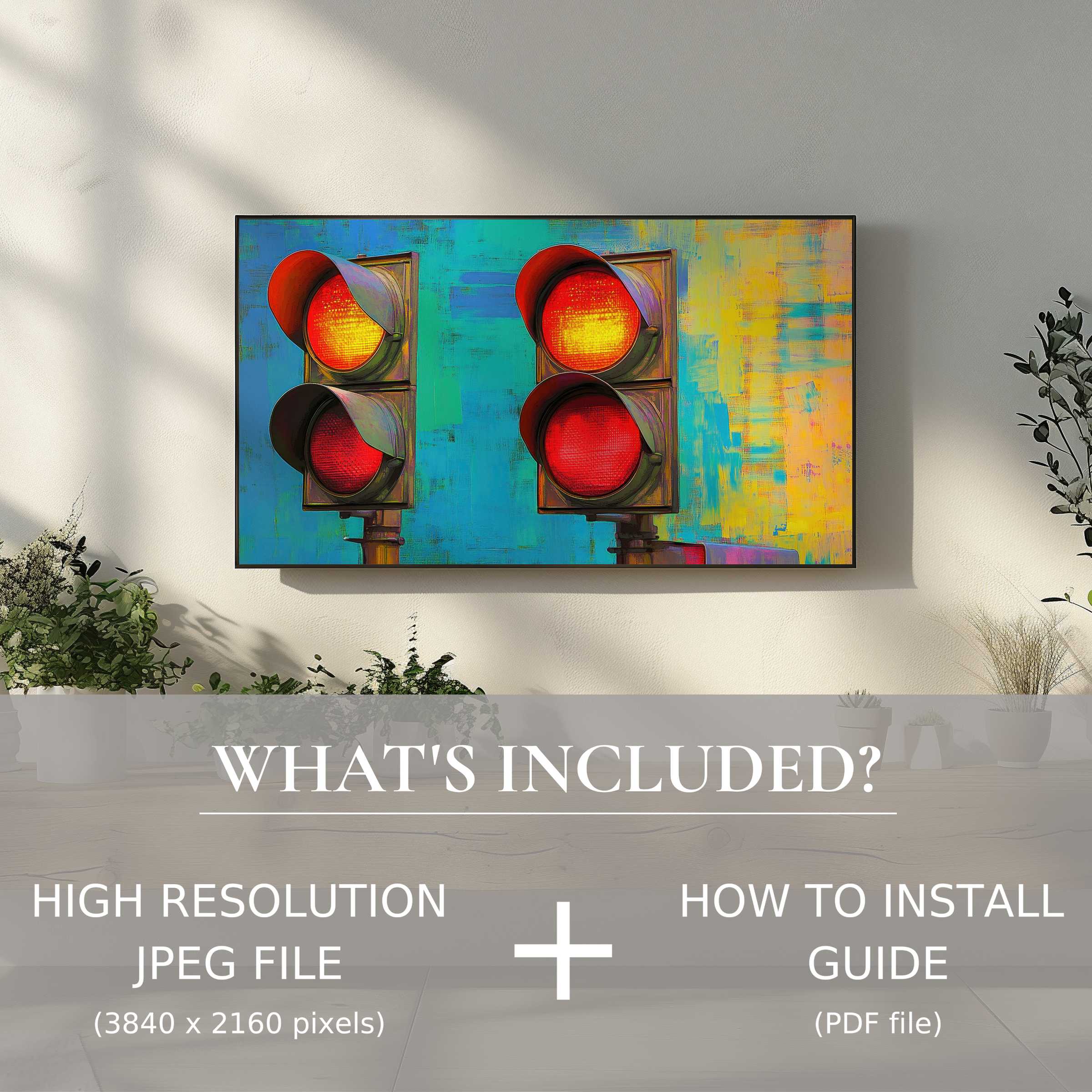 Modern living room with vibrant pop art digital TV art download, easy to use and elevates your space with bold color