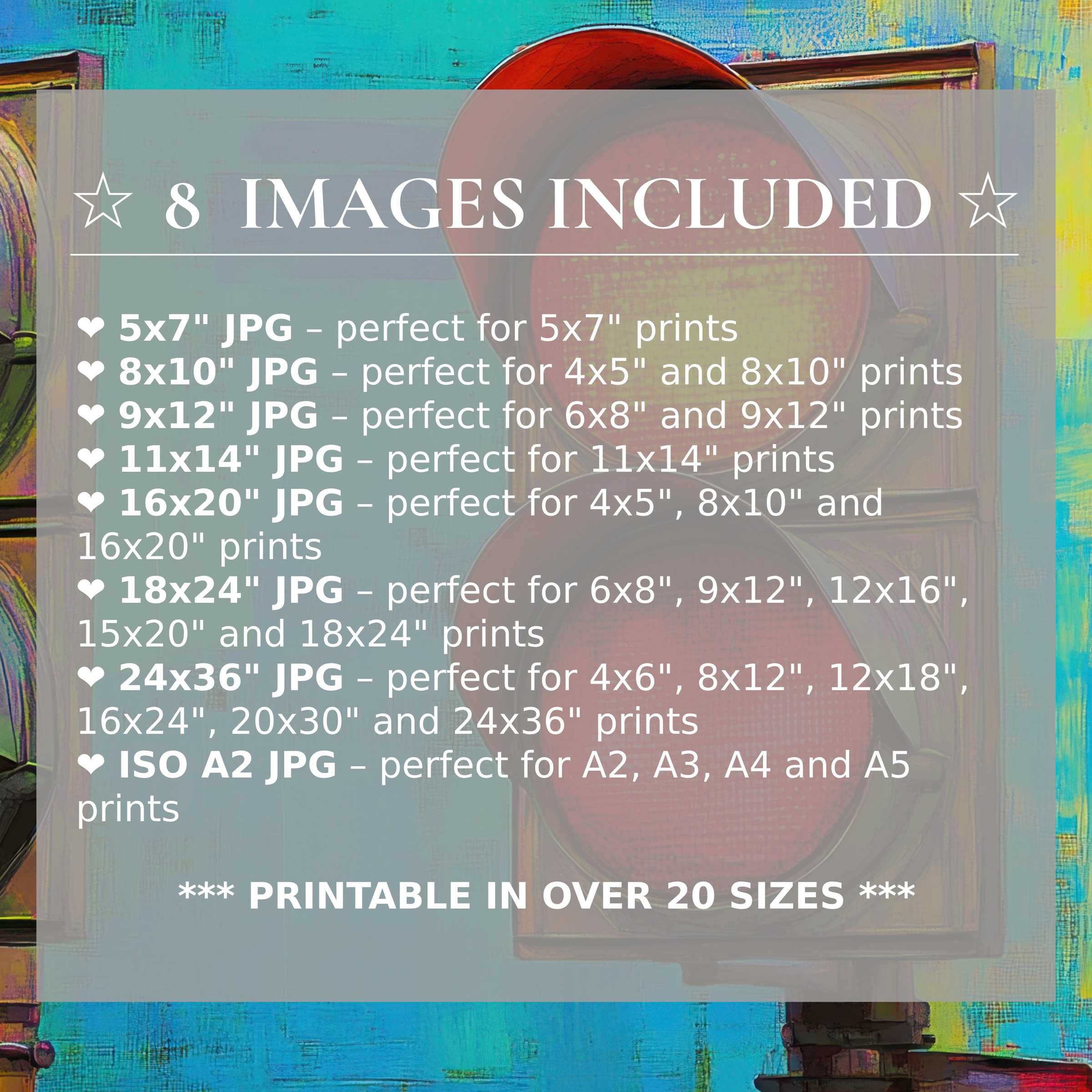Radiant pop art digital print in vibrant reds and turquoise, enhancing modern spaces with bold elegance; includes 8 high-quality sizes