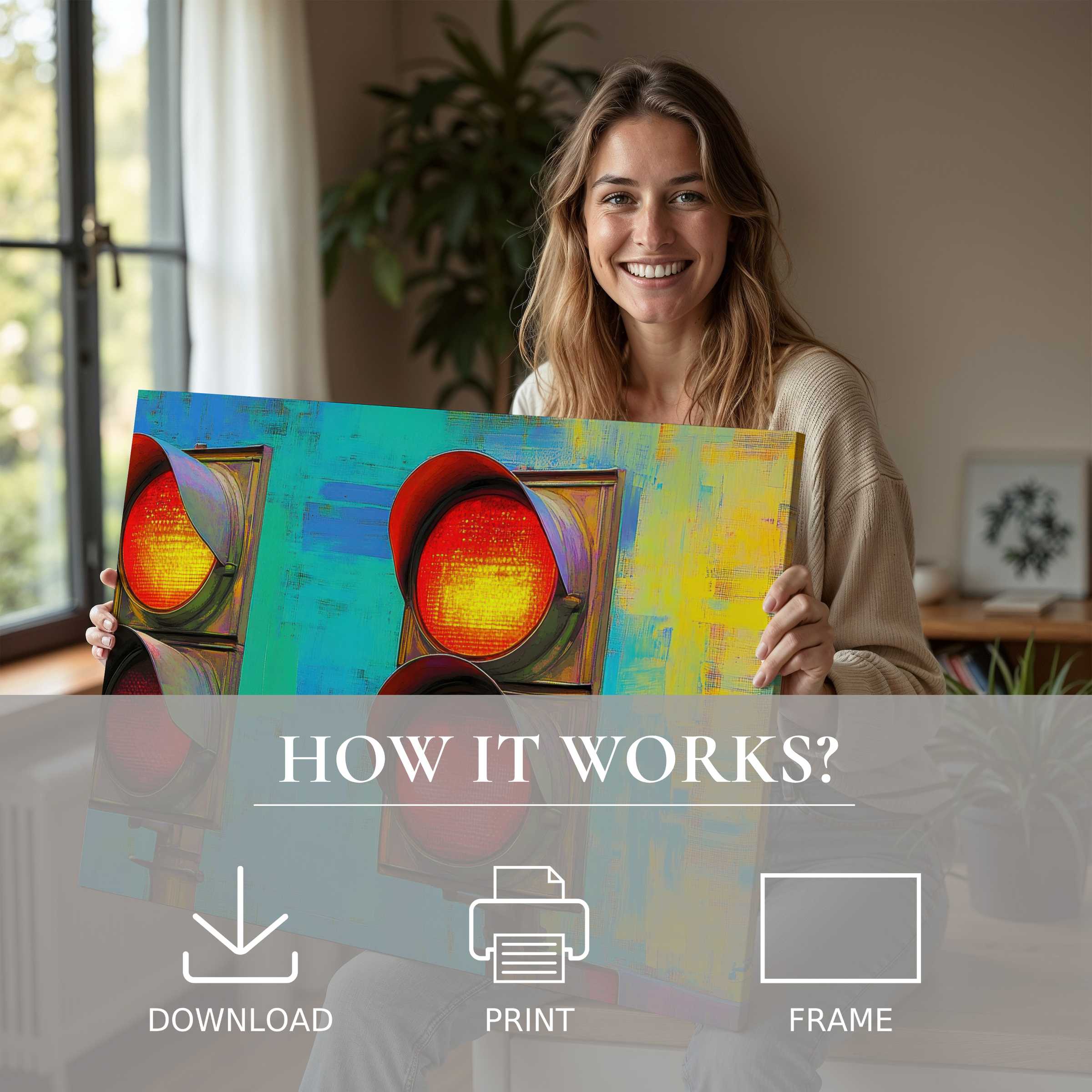 Bright pop art digital art print radiates vibrant joy, blending effortlessly into modern home elegance and daily inspiration