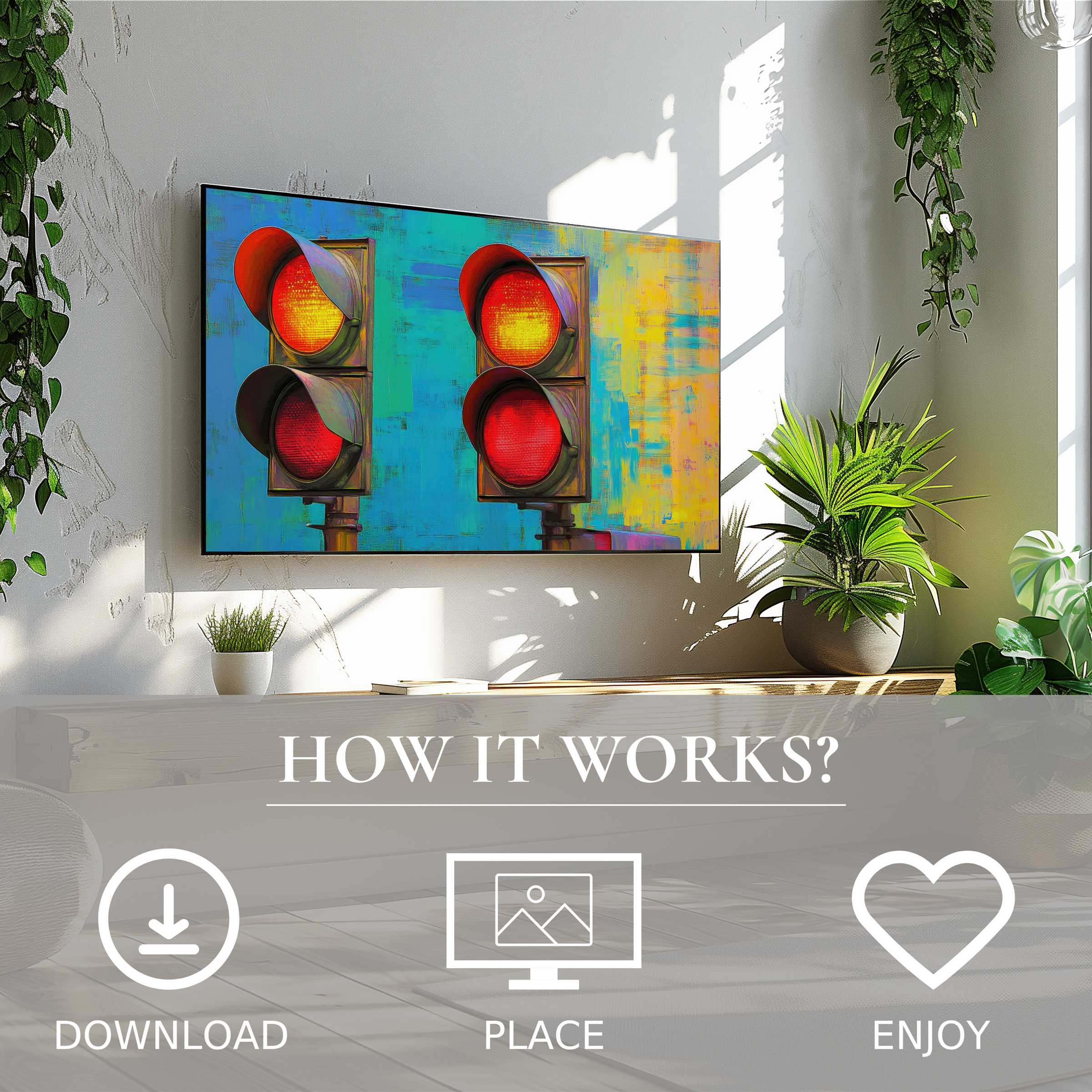 Pop art art for Samsung TV with vibrant color flow motif, easy digital download enriches modern living spaces