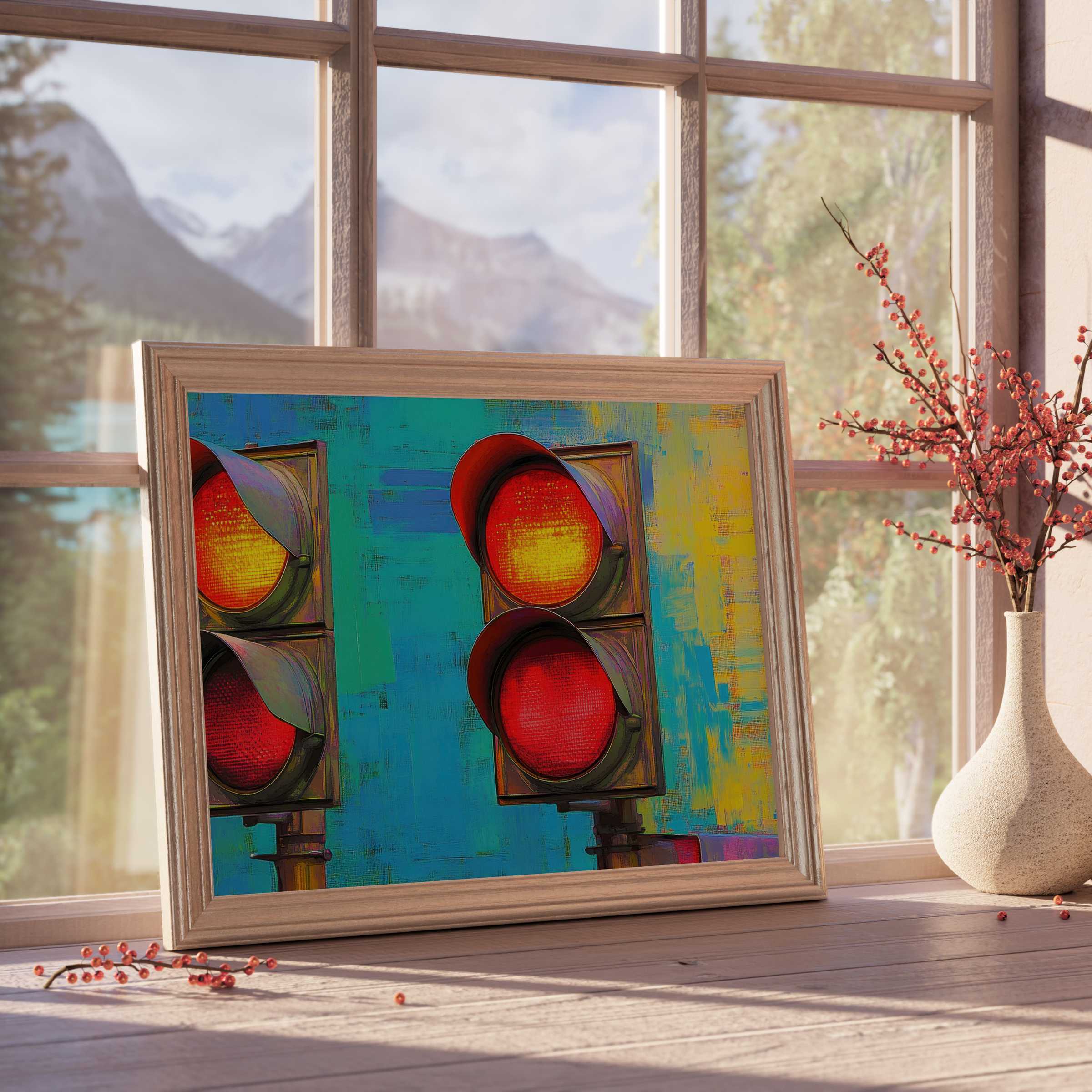 Vibrant pop art downloadable art featuring bold red traffic lights against teal and yellow hues, perfect for modern, curated interiors