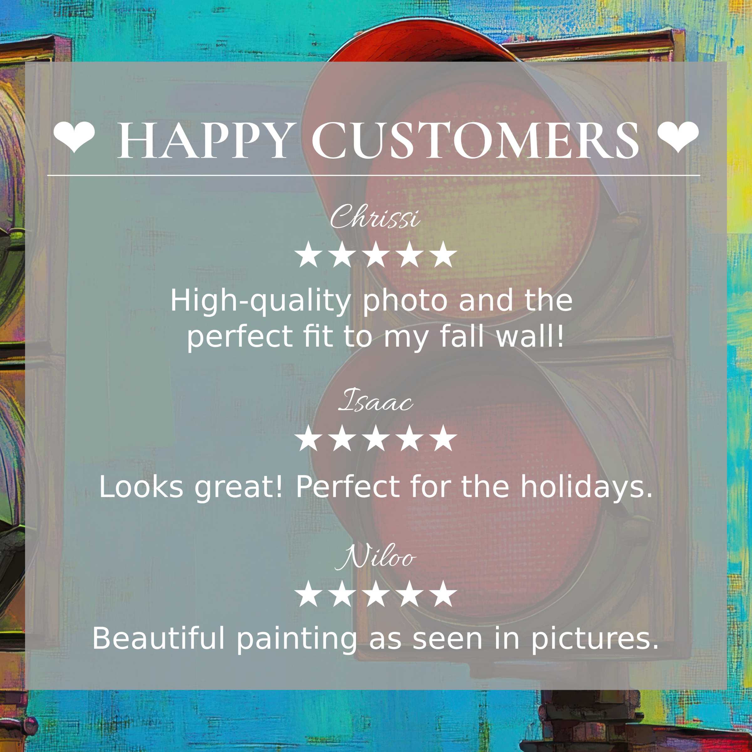 Pop art for Frame TV with abstract sunset hues; happy customer reviews build trust and highlight elegant style