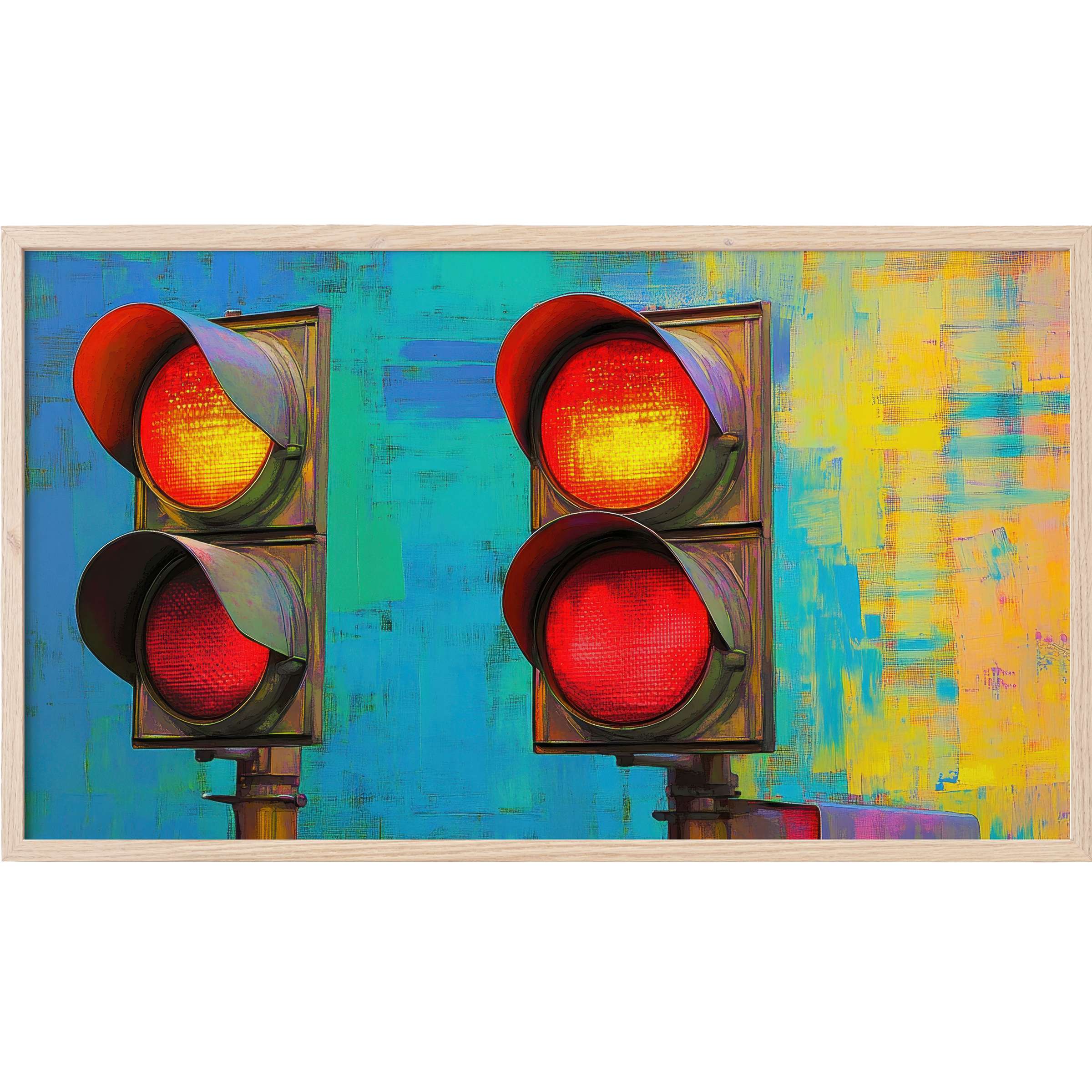 Vibrant pop art Frame TV Art featuring dual traffic lights in bold reds against textured blue and yellow backgrounds