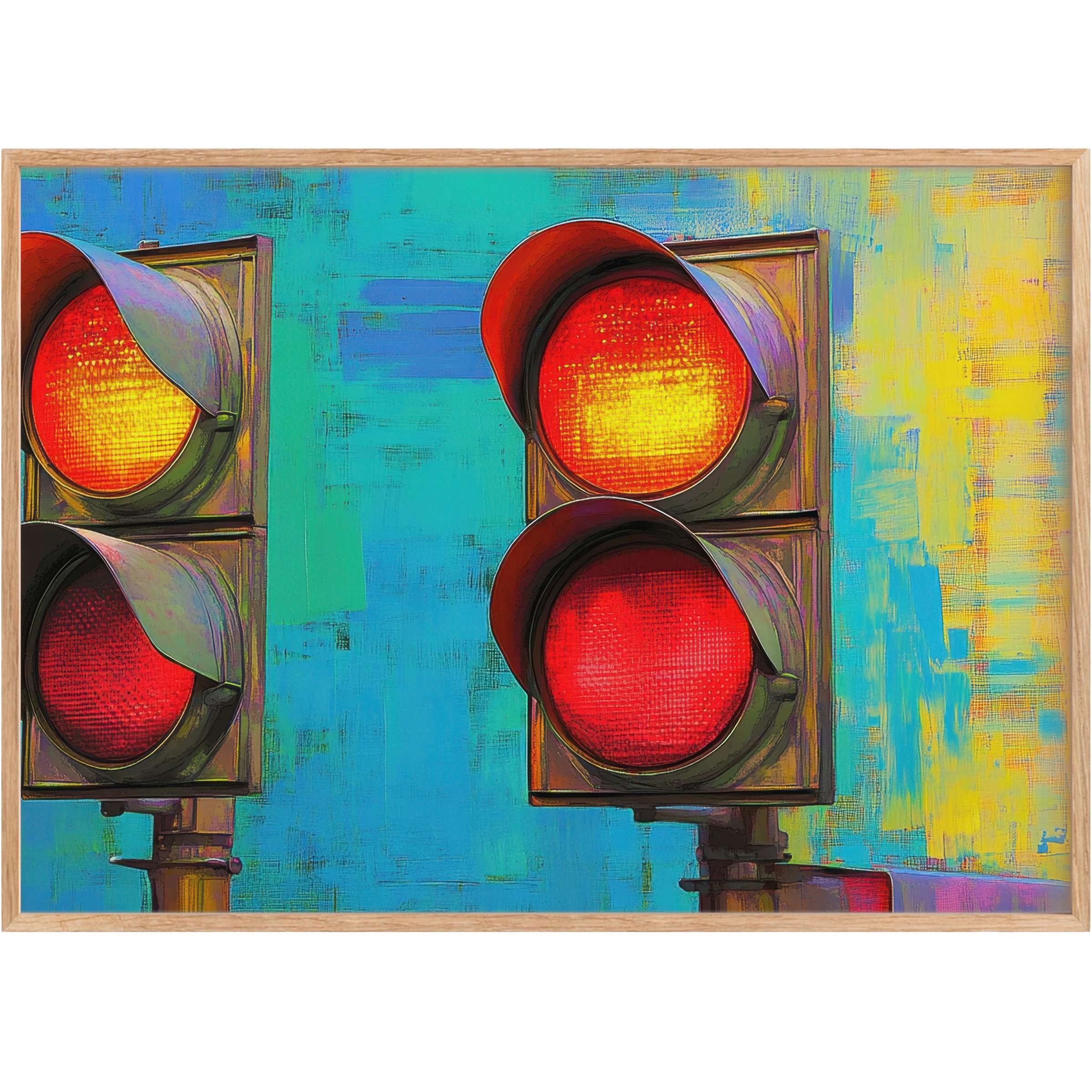 Vibrant pop art printable wall art featuring bold red signals against a textured turquoise and yellow backdrop, igniting dynamic energy