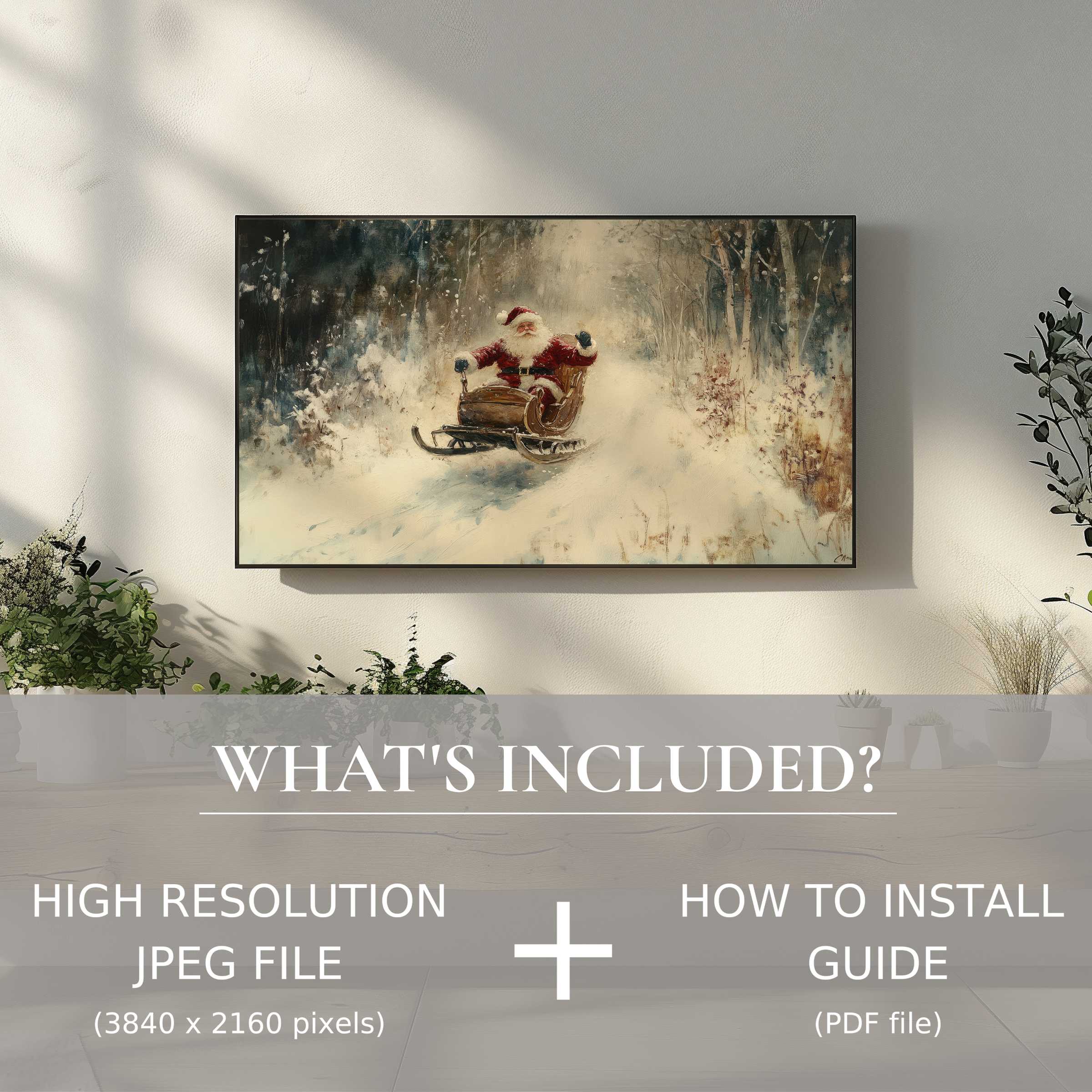 Elegant christmas digital TV art download featuring Santa in snow, enhancing your space with effortless digital charm