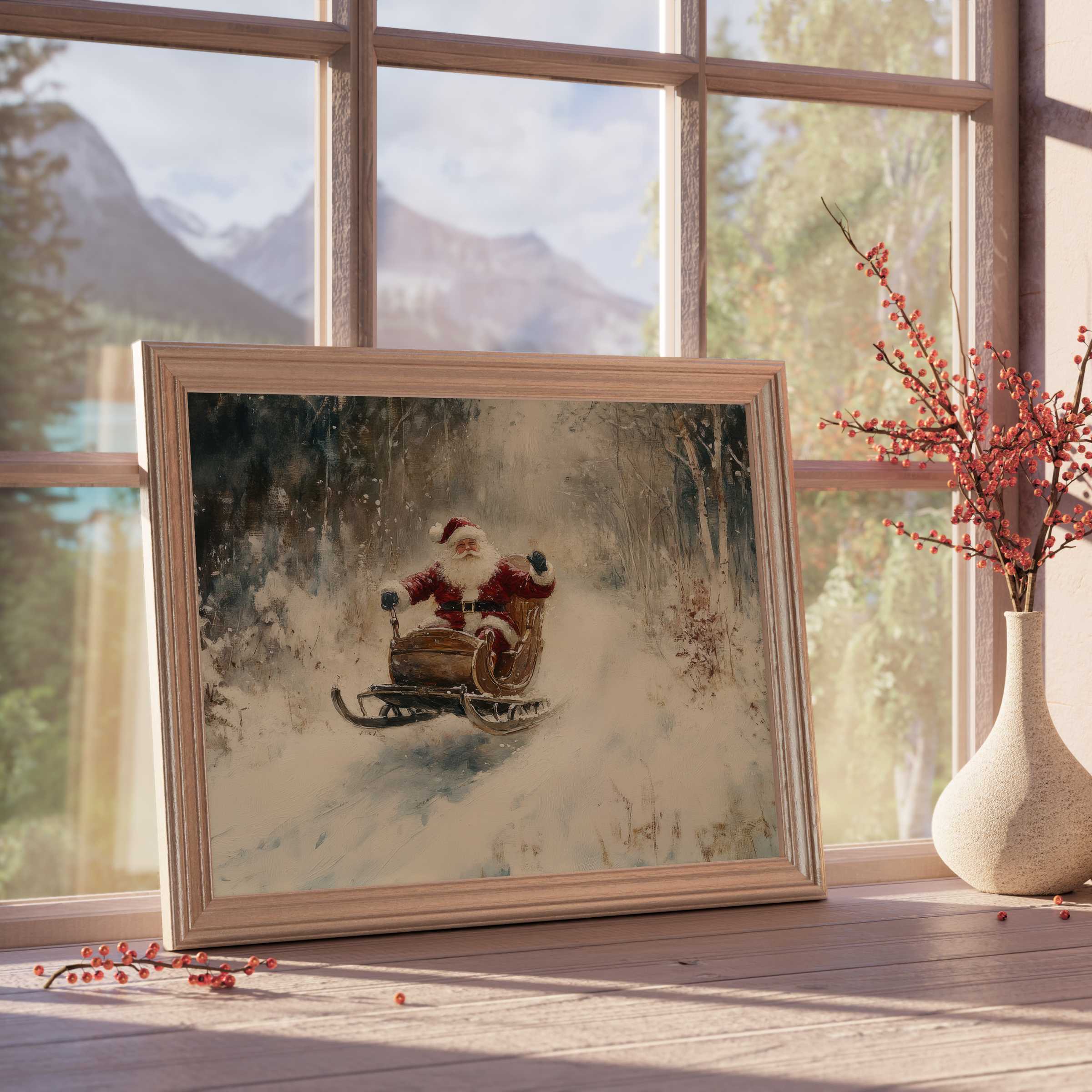 Christmas downloadable art capturing Santa’s joyful sleigh ride through a serene snowy forest, perfect for elevating chic, tranquil holiday interiors