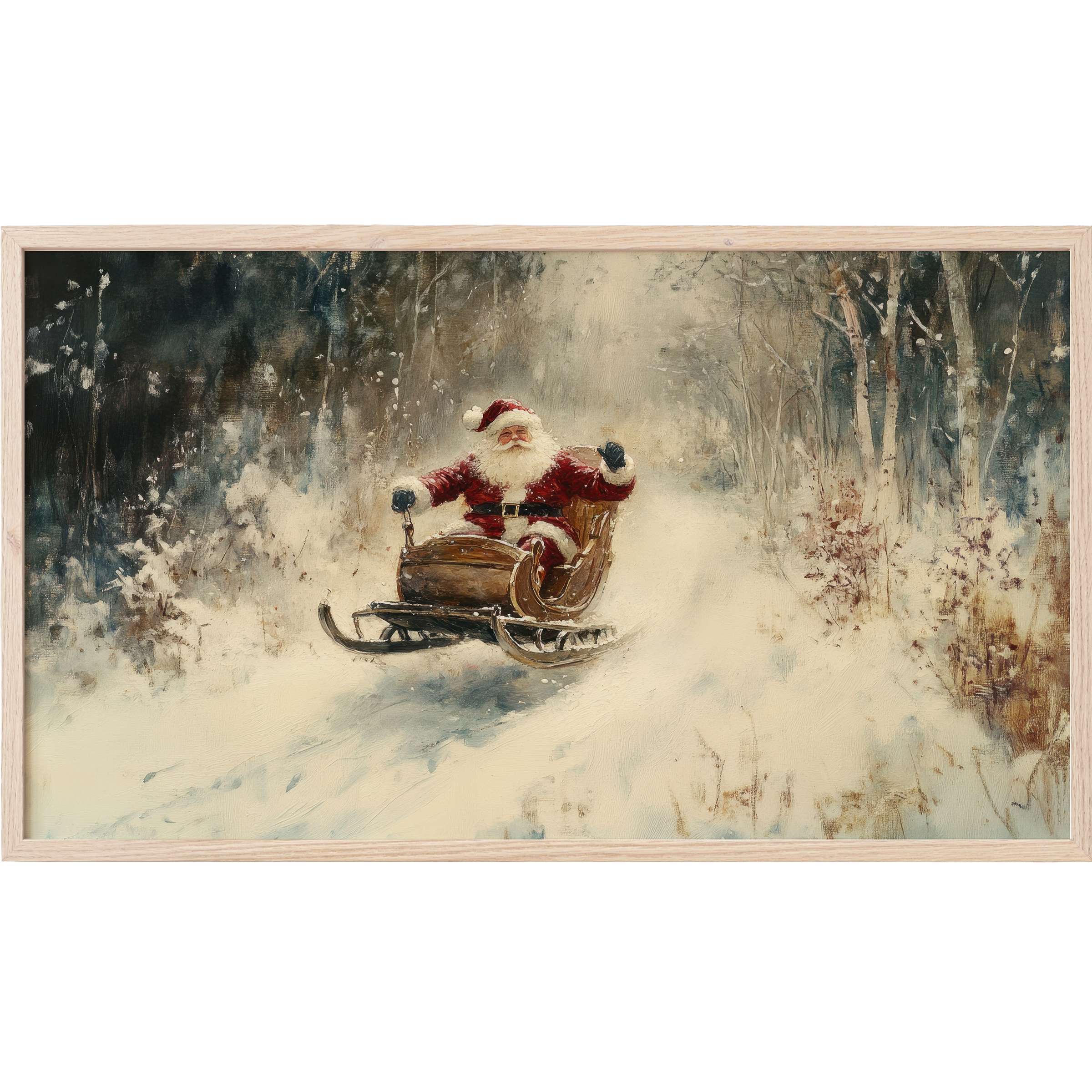 Santa rides a wooden sleigh through a snowy forest in muted earth tones, a timeless christmas Frame TV Art