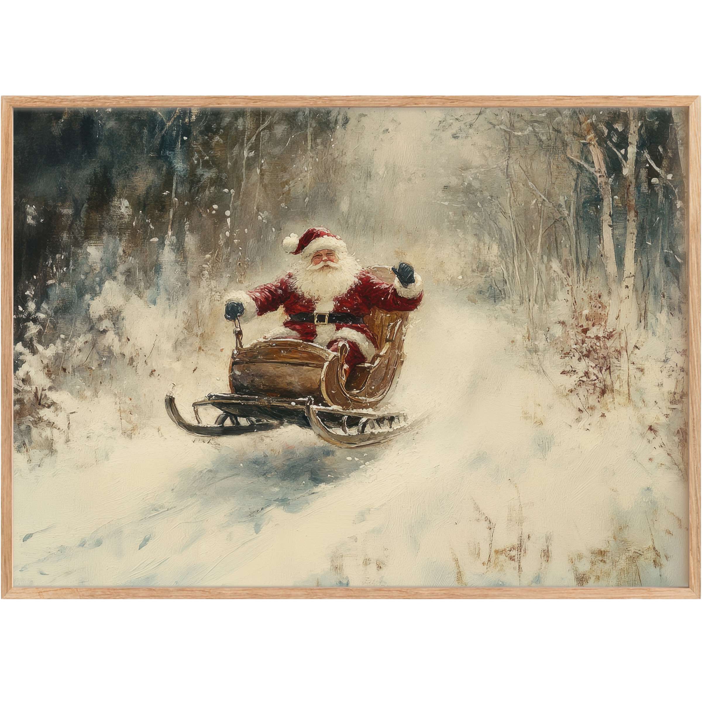 Santa Claus joyfully glides through a snowy forest, creating a radiant, nostalgic mood in this Christmas printable wall art