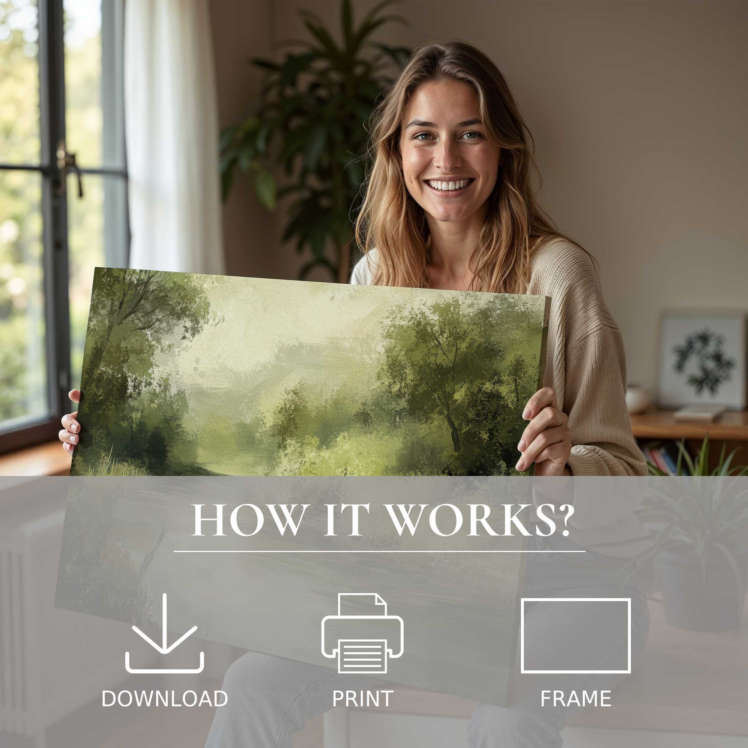 A serene moment of connection and joy with spring digital art print, illuminating a stylish home with nature’s calm