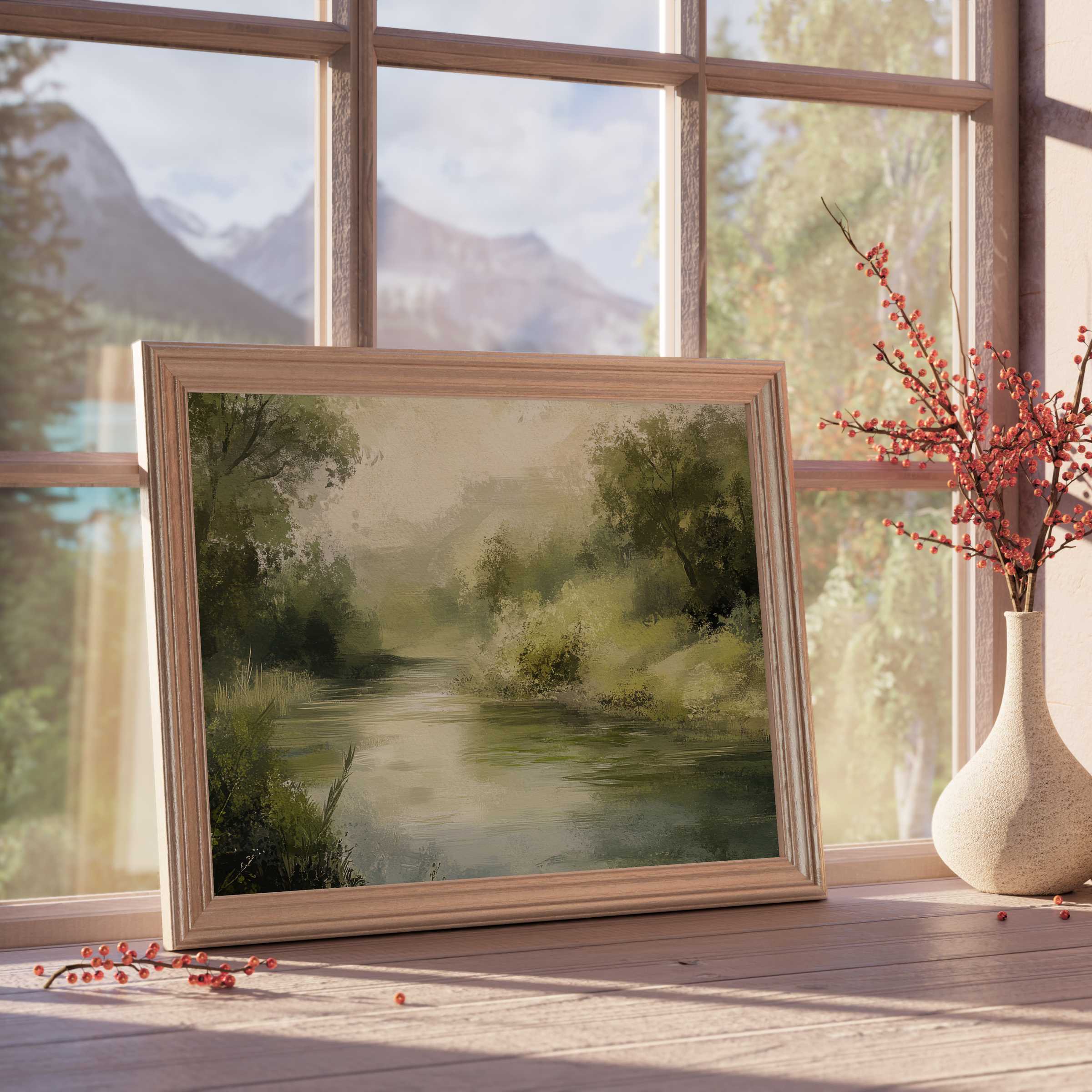 Spring downloadable art capturing a serene river landscape framed in natural wood, enriching calm, curated interiors with timeless tranquility and nature-inspired beauty